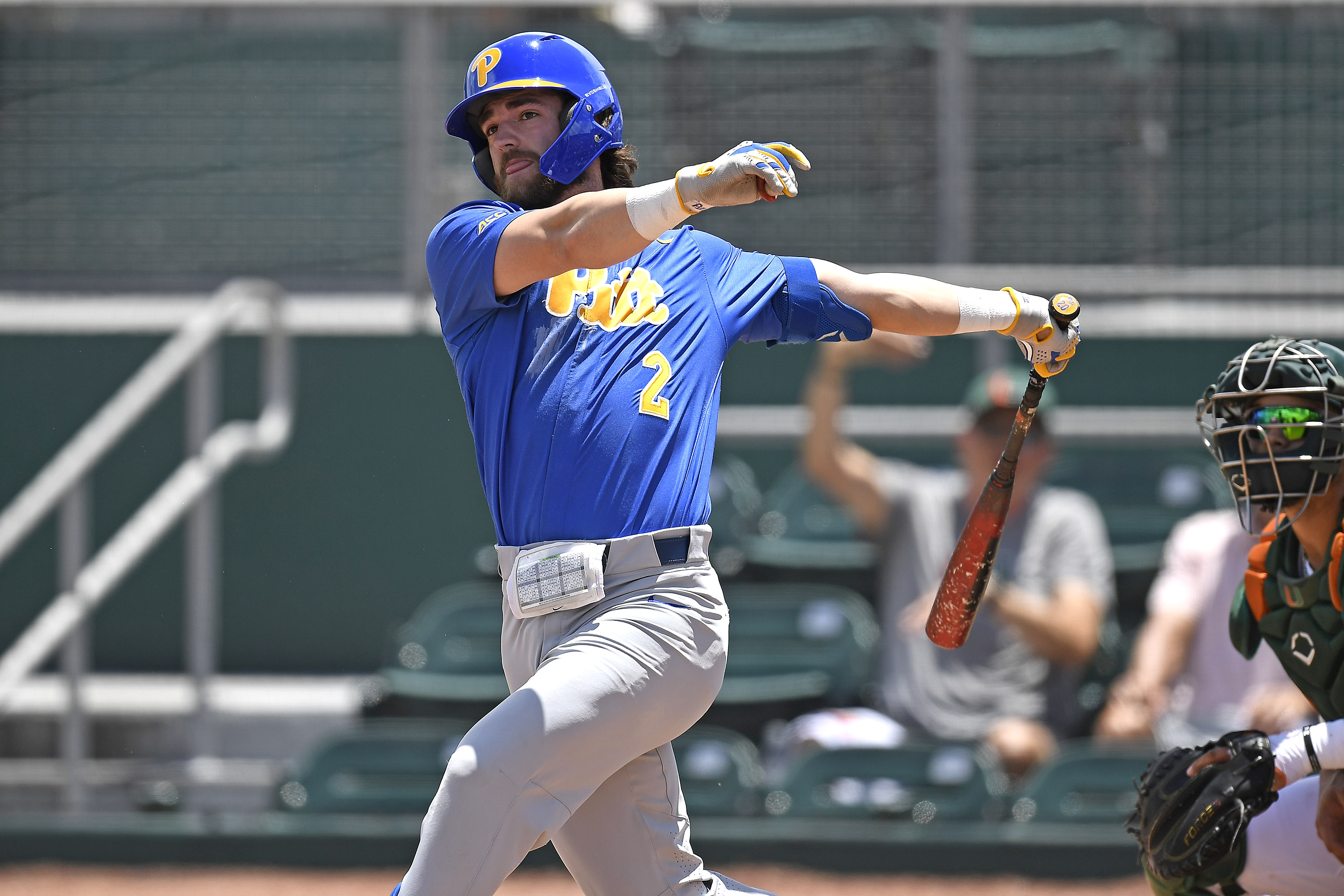 CORAL GABLES, FL - APRIL 24: Pittsburgh infielder Jeffrey Wehler (2) bats in the second inning as the University of Miami Hurricanes faced the University of Pittsburgh Panthers on April 24, 2022, at Mark Light Field at Alex Rodriguez Park in Coral Gables, Florida. (Photo by Samuel Lewis/Icon Sportswire via Getty Images)