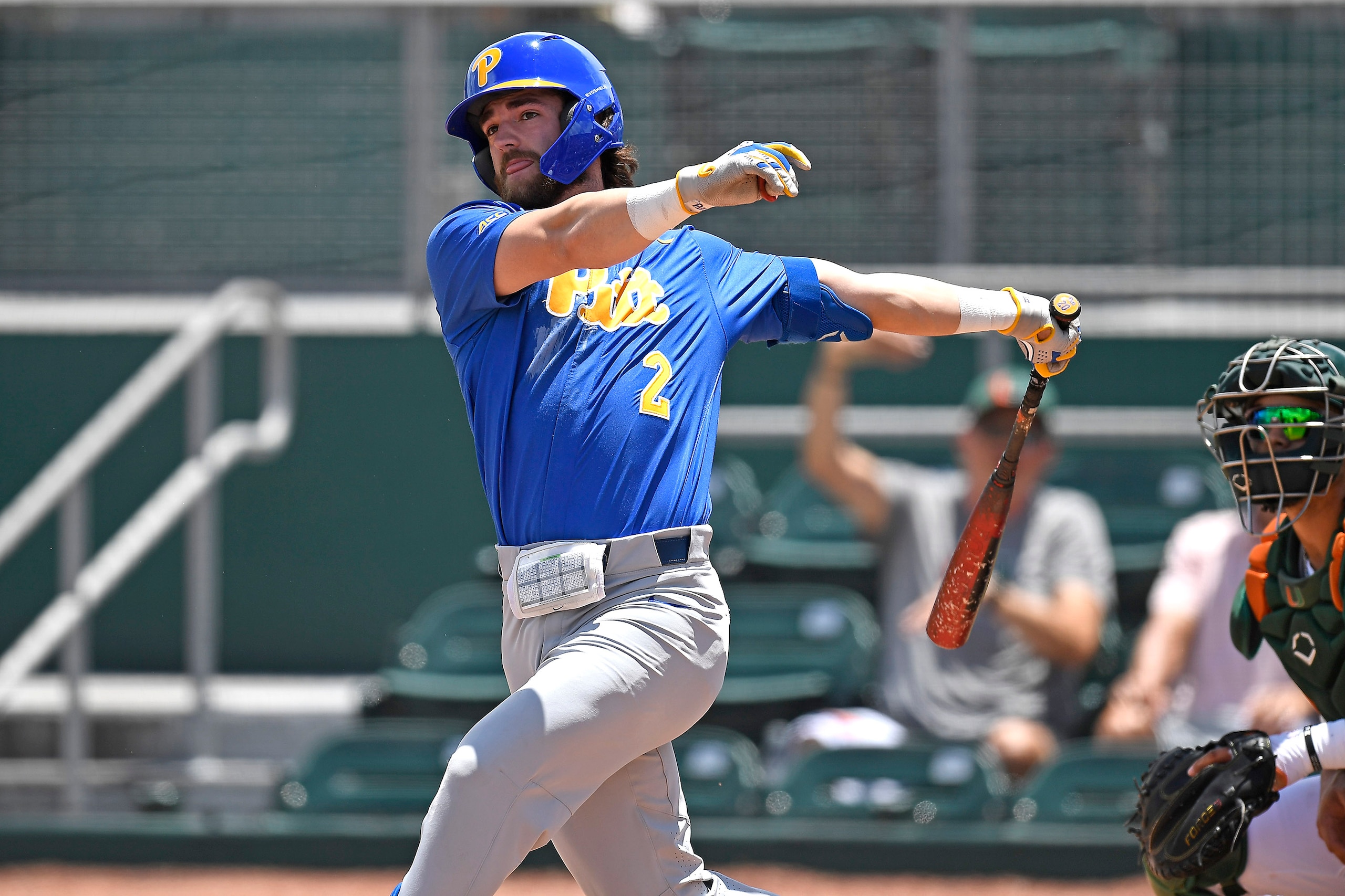 CORAL GABLES, FL - APRIL 24: Pittsburgh infielder Jeffrey Wehler (2) bats in the second inning as the University of Miami Hurricanes faced the University of Pittsburgh Panthers on April 24, 2022, at Mark Light Field at Alex Rodriguez Park in Coral Gables, Florida. (Photo by Samuel Lewis/Icon Sportswire via Getty Images)