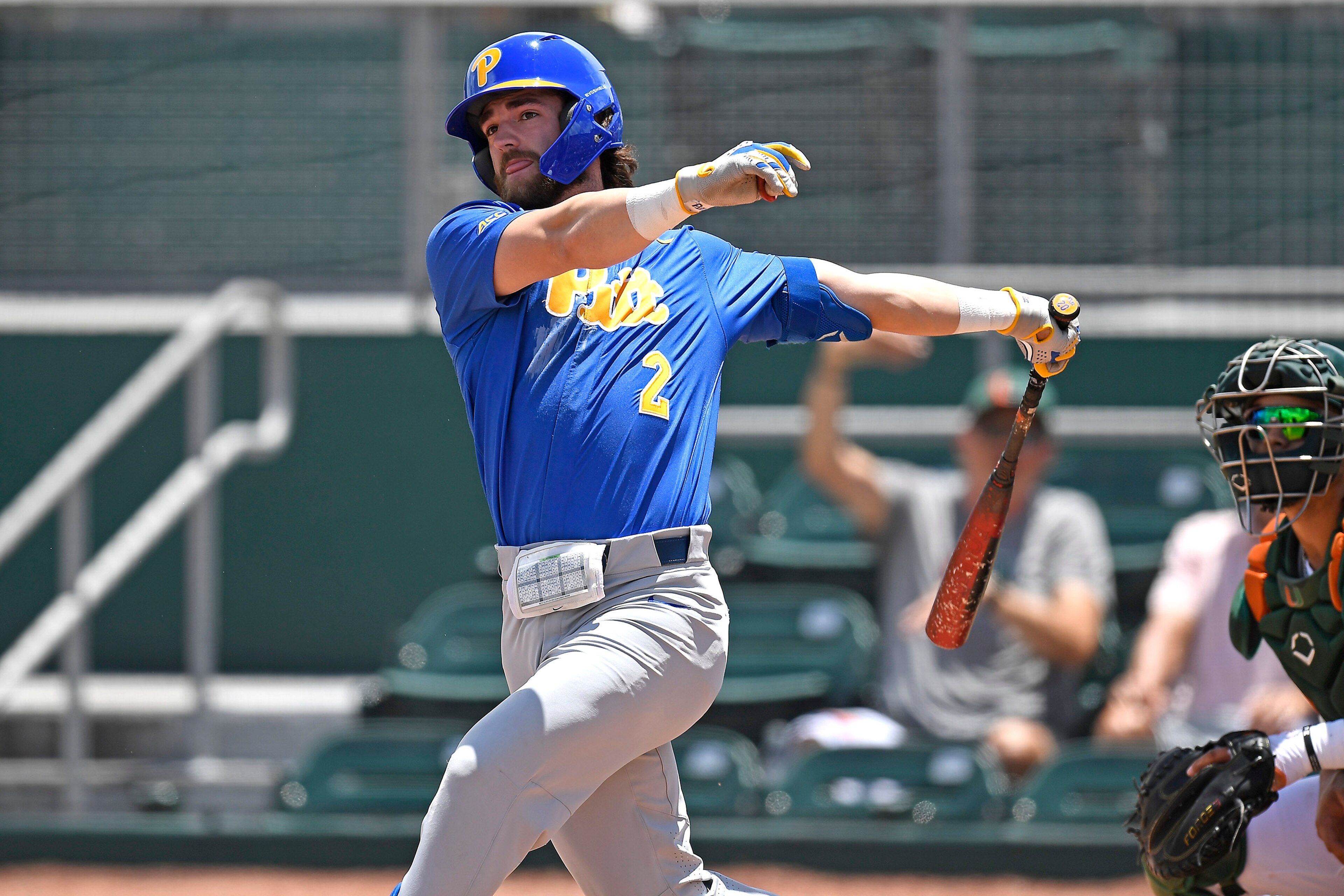 CORAL GABLES, FL - APRIL 24: Pittsburgh infielder Jeffrey Wehler (2) bats in the second inning as the University of Miami Hurricanes faced the University of Pittsburgh Panthers on April 24, 2022, at Mark Light Field at Alex Rodriguez Park in Coral Gables, Florida. (Photo by Samuel Lewis/Icon Sportswire via Getty Images)