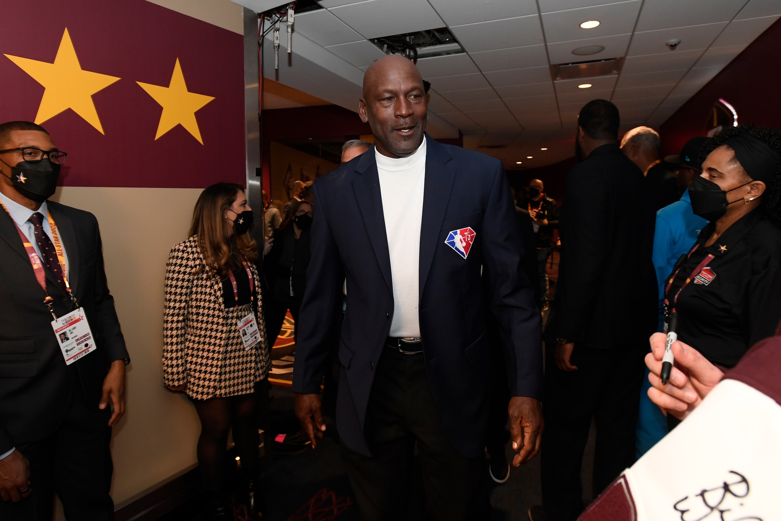 CLEVELAND, OH - FEBRUARY 20: NBA Legend, Michael Jordan smiles during 71st NBA All-Star Game as part of 2022 NBA All Star Weekend on February 20, 2022 at Wolstein Center in Cleveland, Ohio. NOTE TO USER: User expressly acknowledges and agrees that, by downloading and/or using this Photograph, user is consenting to the terms and conditions of the Getty Images License Agreement. Mandatory Copyright Notice: Copyright 2022 NBAE (Photo by Juan Ocampo/NBAE via Getty Images)