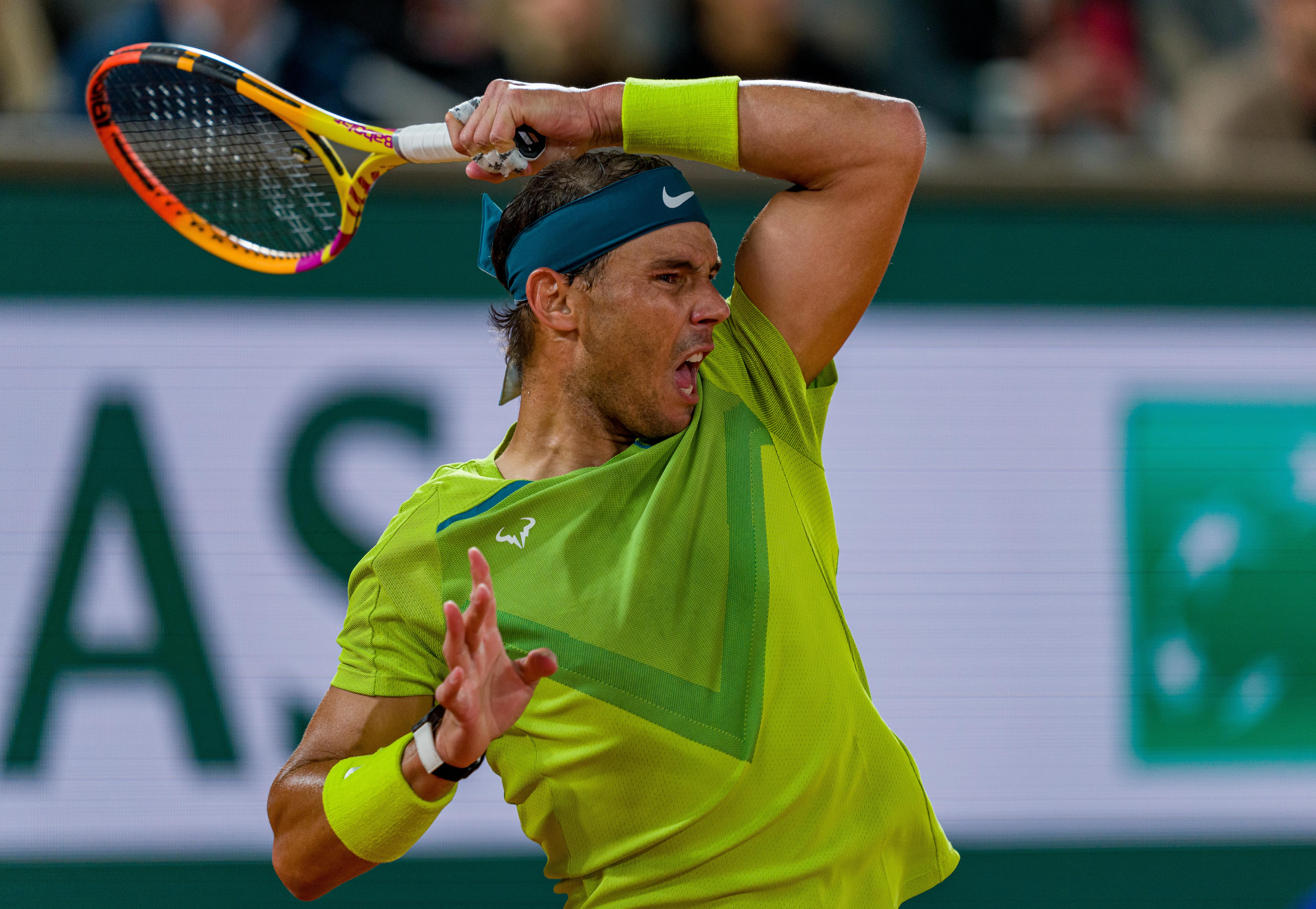 PARIS, FRANCE - MAY 25: Rafael Nadal of Spain plays a forehand during the Men's Singles Round 2 match against Corentin Moutet of France on Day Four of The 2022 French Open at Roland Garros on May 25, 2022 in Paris, France. (Photo by Andy Cheung/Getty Images)