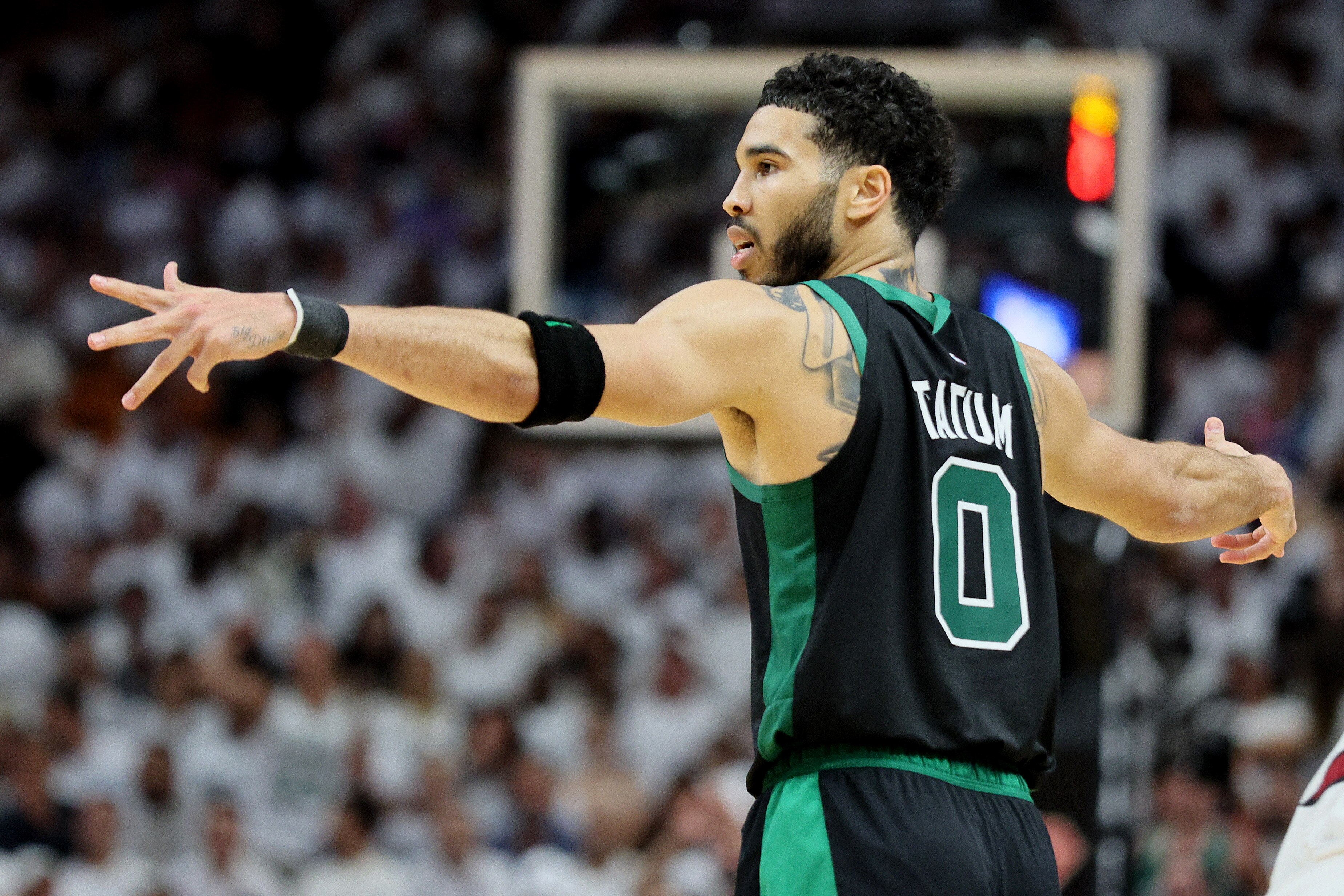 MIAMI, FLORIDA - MAY 25: Jayson Tatum #0 of the Boston Celtics reacts against the Miami Heat during the fourth quarter in Game Five of the 2022 NBA Playoffs Eastern Conference Finals at FTX Arena on May 25, 2022 in Miami, Florida. NOTE TO USER: User expressly acknowledges and agrees that, by downloading and or using this photograph, User is consenting to the terms and conditions of the Getty Images License Agreement. (Photo by Andy Lyons/Getty Images)