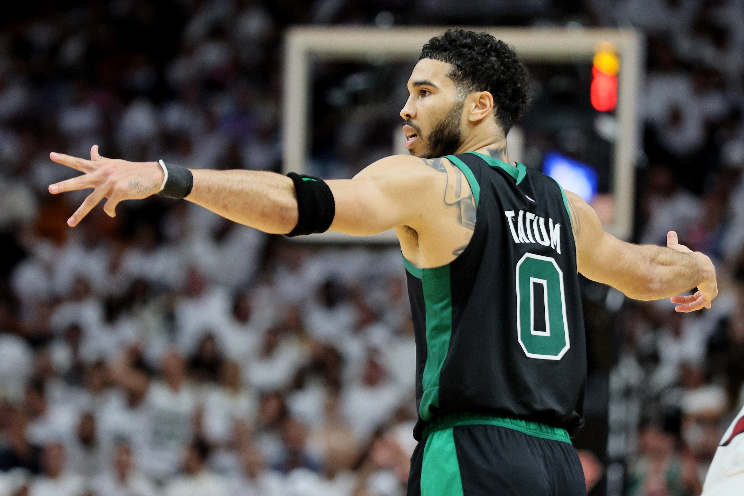 MIAMI, FLORIDA - MAY 25: Jayson Tatum #0 of the Boston Celtics reacts against the Miami Heat during the fourth quarter in Game Five of the 2022 NBA Playoffs Eastern Conference Finals at FTX Arena on May 25, 2022 in Miami, Florida. NOTE TO USER: User expressly acknowledges and agrees that, by downloading and or using this photograph, User is consenting to the terms and conditions of the Getty Images License Agreement. (Photo by Andy Lyons/Getty Images)
