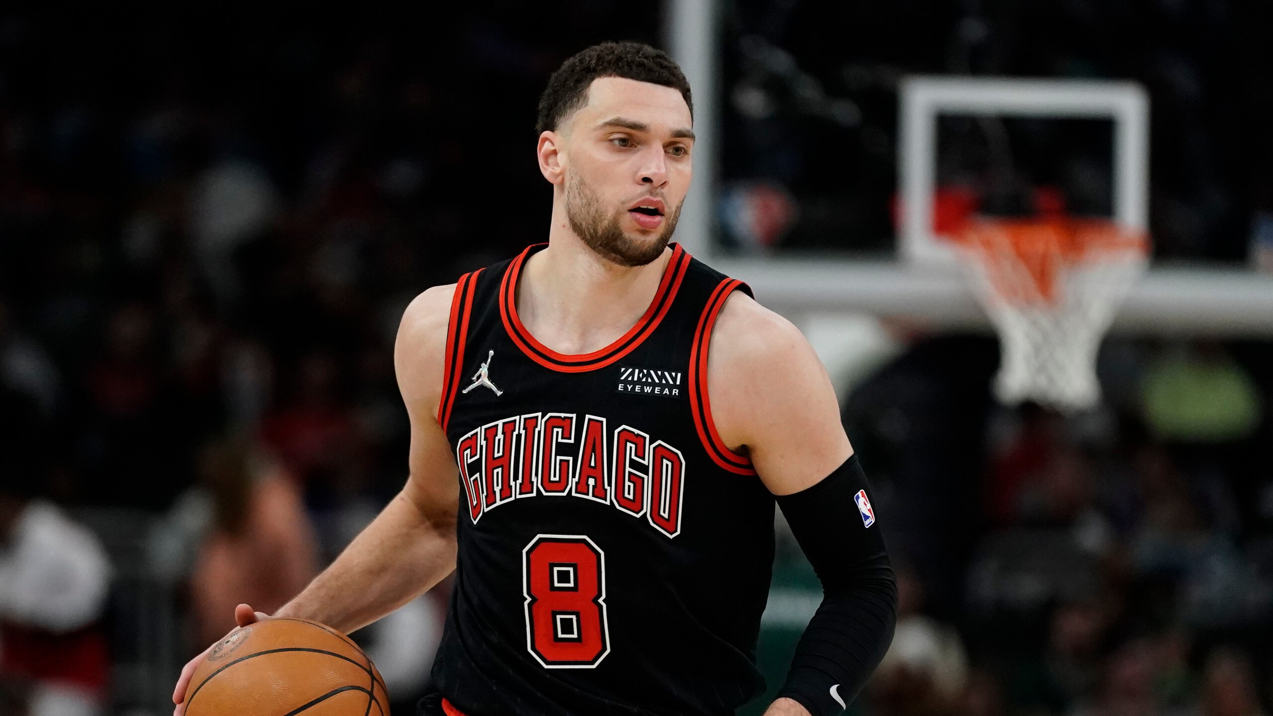 Chicago Bulls' Zach LaVine during the second half of Game 1 of their first round NBA playoff basketball game against the Milwaukee Bucks Sunday, April 17, 2022, in Milwaukee. The Bucks won 93-86 to take a 1-0 lead in the series. (AP Photo/Morry Gash)