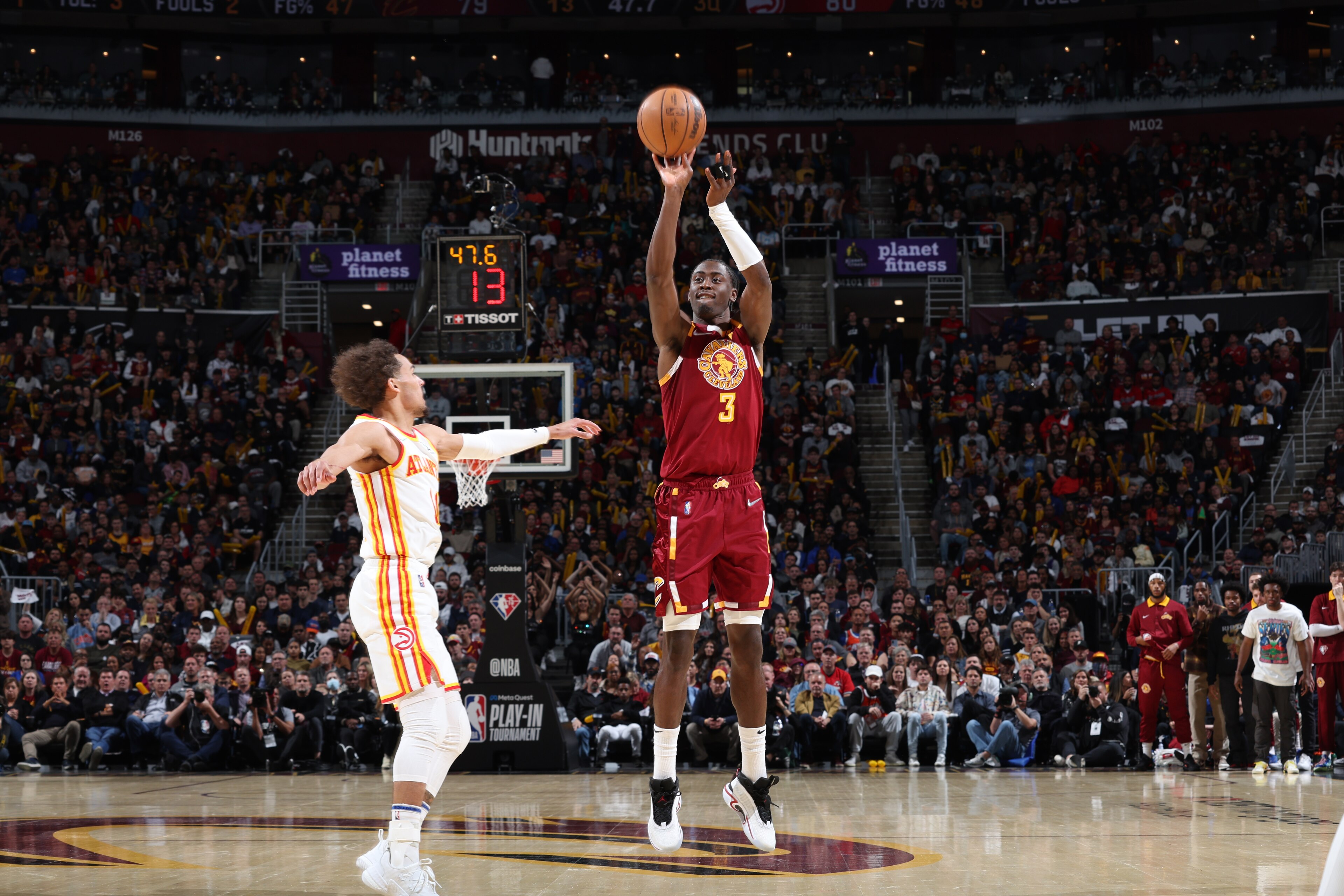 CHICAGO, IL - APRIL 15: Caris LeVert #3 of the Cleveland Cavaliers shoots a three point basket during the game against the Atlanta Hawks during the 2022 Play-In Tournament on April 15, 2022 at Rocket Mortgage Fieldhouse in Cleveland, Ohio. NOTE TO USER: User expressly acknowledges and agrees that, by downloading and or using this photograph, User is consenting to the terms and conditions of the Getty Images License Agreement. Mandatory Copyright Notice: Copyright 2022 NBAE (Photo by Jeff Haynes/NBAE via Getty Images) CHICAGO, IL - APRIL 15: Caris LeVert #3 of the Cleveland Cavaliers shoots a three point basket during the game against the Atlanta Hawks during the 2022 Play-In Tournament on April 15, 2022 at Rocket Mortgage Fieldhouse in Cleveland, Ohio. NOTE TO USER: User expressly acknowledges and agrees that, by downloading and or using this photograph, User is consenting to the terms and conditions of the Getty Images License Agreement. Mandatory Copyright Notice: Copyright 2022 NBAE (Photo by Jeff Haynes/NBAE via Getty Images)