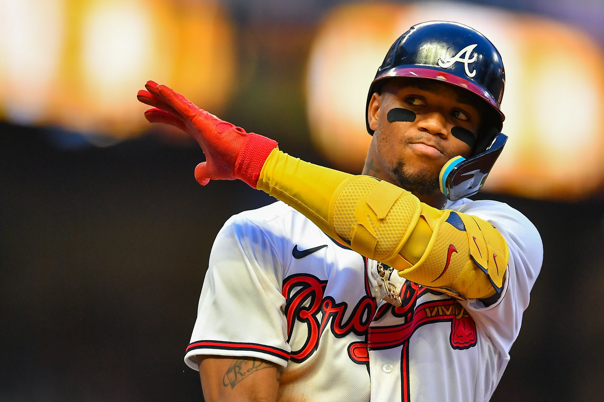 ATLANTA, GA  MAY 24:  Atlanta right fielder Ronald Acuna Jr. (13) reacts after getting a base hit during the MLB game between the Philadelphia Phillies and the Atlanta Braves on May 24th, 2022 at Truist Park in Atlanta, GA. (Photo by Rich von Biberstein/Icon Sportswire via Getty Images)