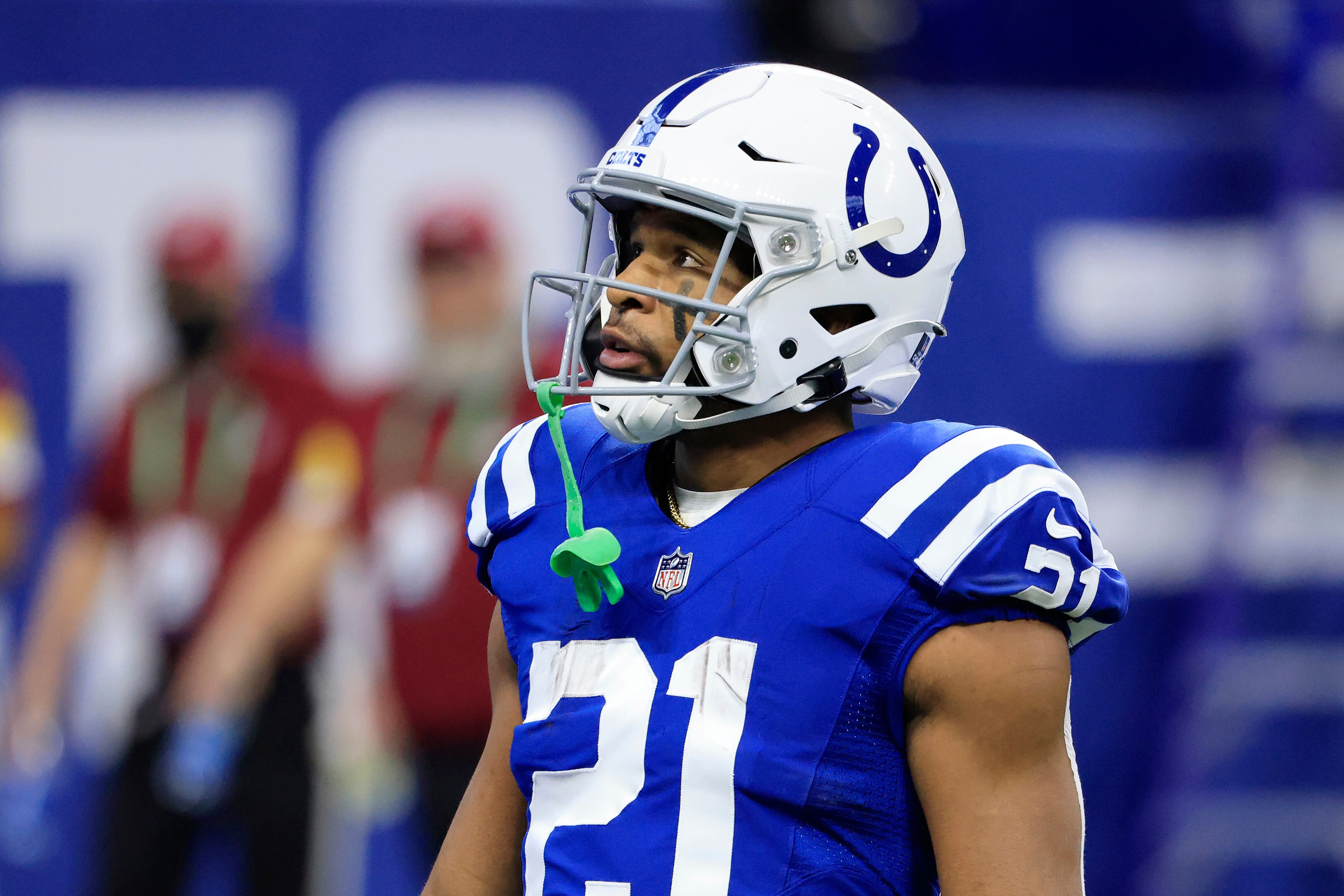 INDIANAPOLIS, INDIANA - JANUARY 02: Nyheim Hines #21 of the Indianapolis Colts on the field before the game against the Las Vegas Raiders at Lucas Oil Stadium on January 02, 2022 in Indianapolis, Indiana. (Photo by Justin Casterline/Getty Images)