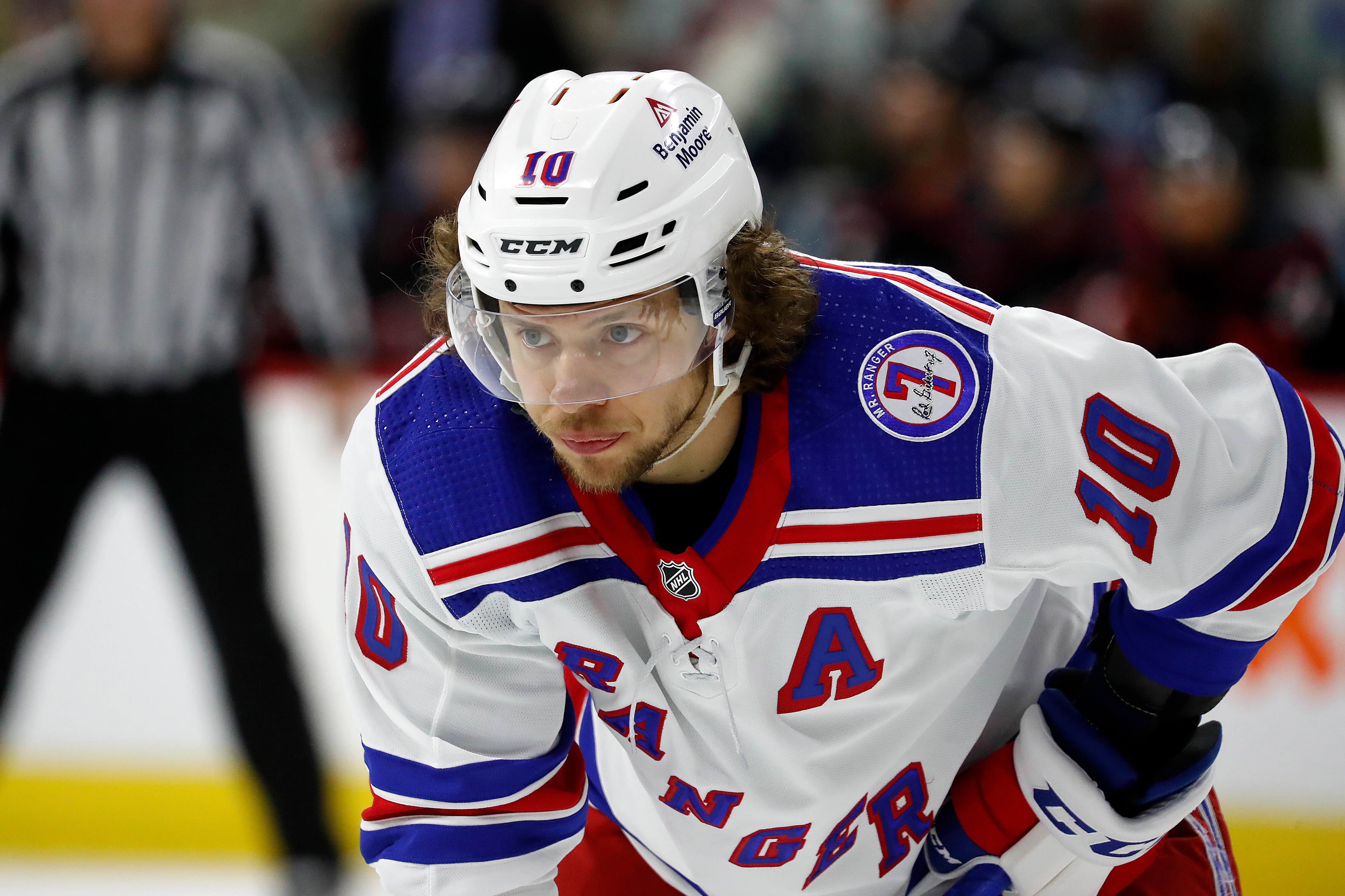 New York Rangers' Artemi Panarin (10) waits for a face-off against the Carolina Hurricanes during the first period of Game 2 of an NHL hockey Stanley Cup second-round playoff series in Raleigh, N.C., Friday, May 20, 2022. (AP Photo/Karl B DeBlaker)