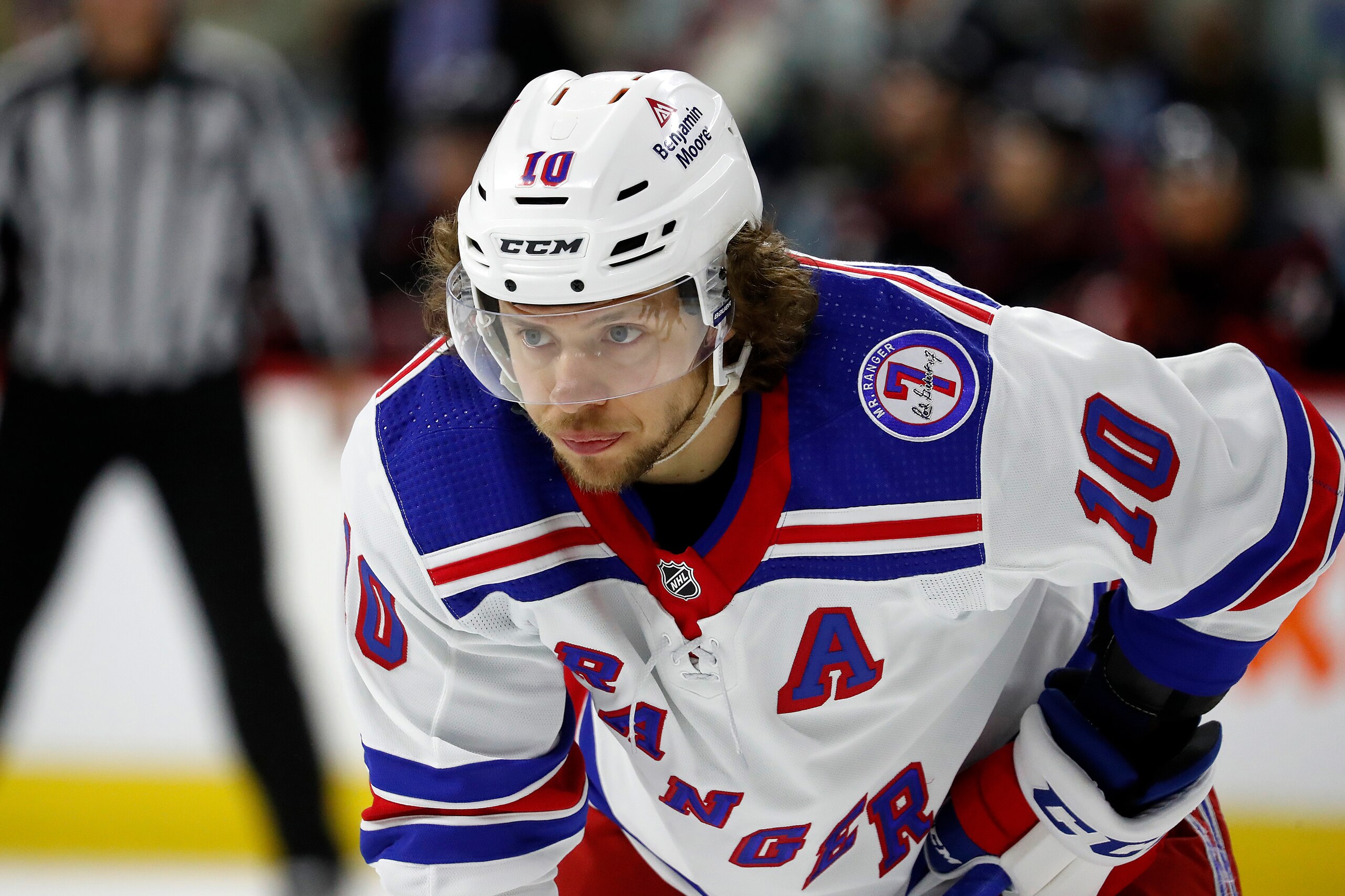 New York Rangers' Artemi Panarin (10) waits for a face-off against the Carolina Hurricanes during the first period of Game 2 of an NHL hockey Stanley Cup second-round playoff series in Raleigh, N.C., Friday, May 20, 2022. (AP Photo/Karl B DeBlaker)