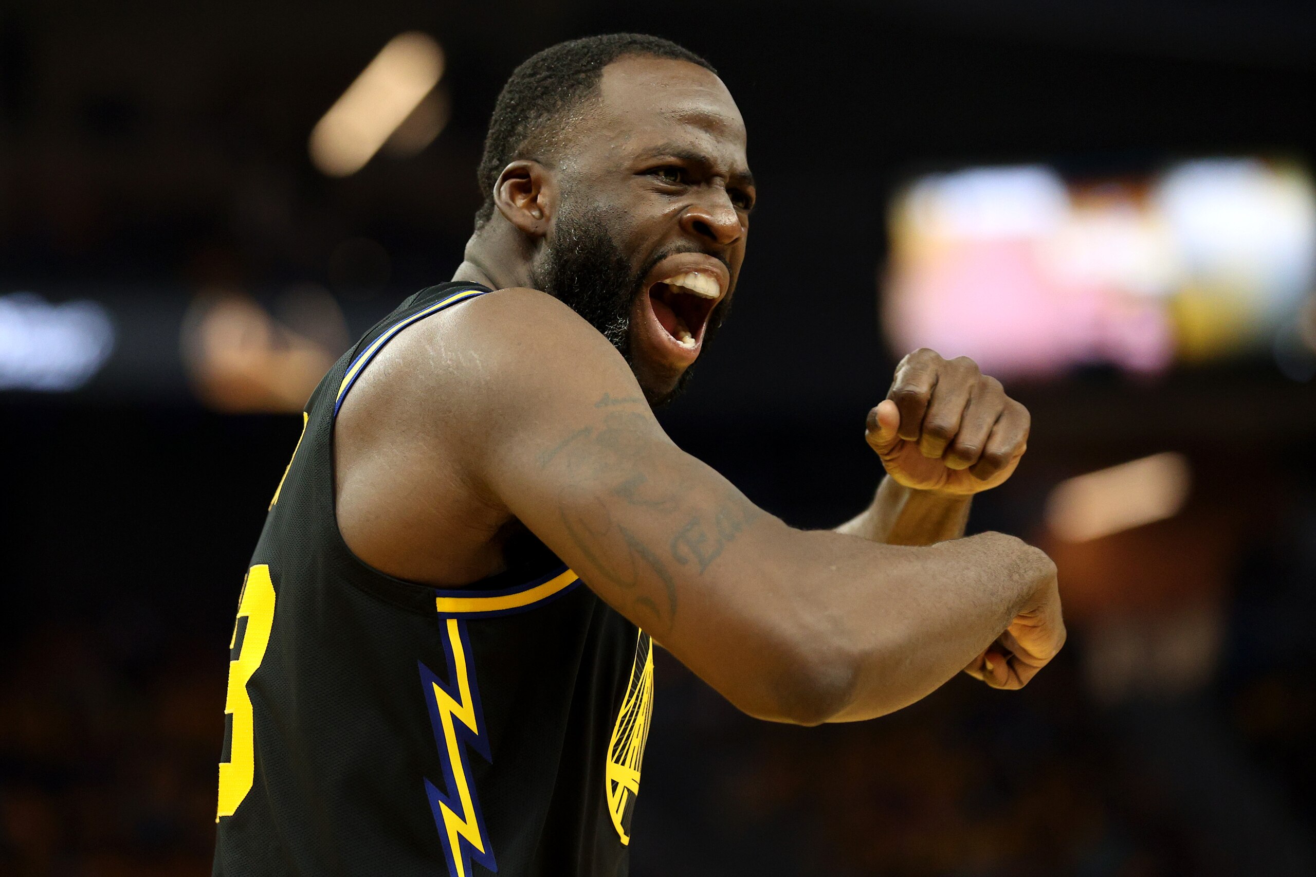 SAN FRANCISCO, CALIFORNIA - MAY 26: Draymond Green #23 of the Golden State Warriors reacts after a call during the second quarter against the Dallas Mavericks in Game Five of the 2022 NBA Playoffs Western Conference Finals at Chase Center on May 26, 2022 in San Francisco, California. NOTE TO USER: User expressly acknowledges and agrees that, by downloading and or using this photograph, User is consenting to the terms and conditions of the Getty Images License Agreement. (Photo by Ezra Shaw/Getty Images)