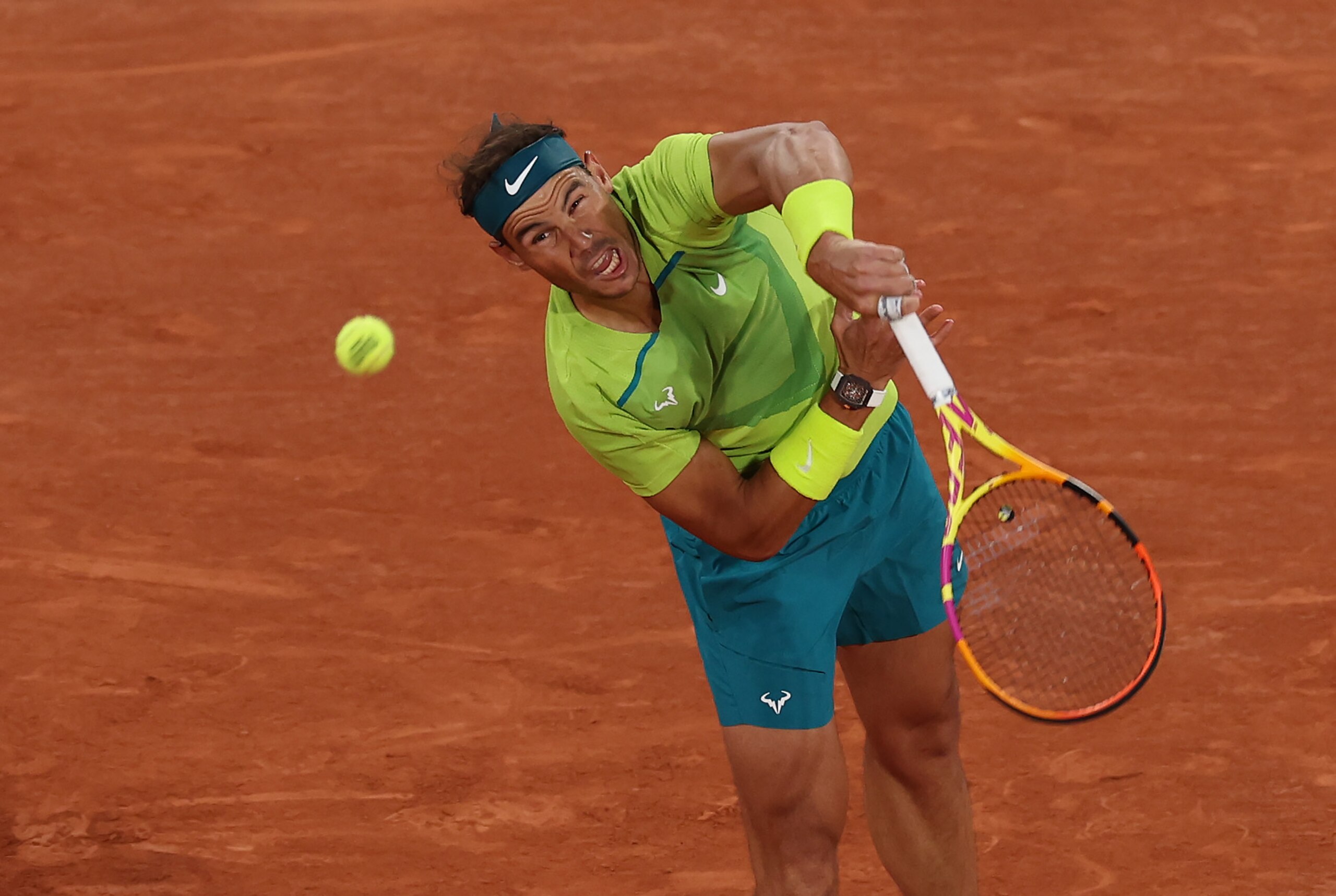 PARIS, FRANCE - MAY 25: Rafael Nadal of Spain is seen in action against Coretin Moulet of France in their second round match during day four at Roland Garros on May 25, 2022 in Paris, France. (Photo by Ian MacNicol/Getty Images)