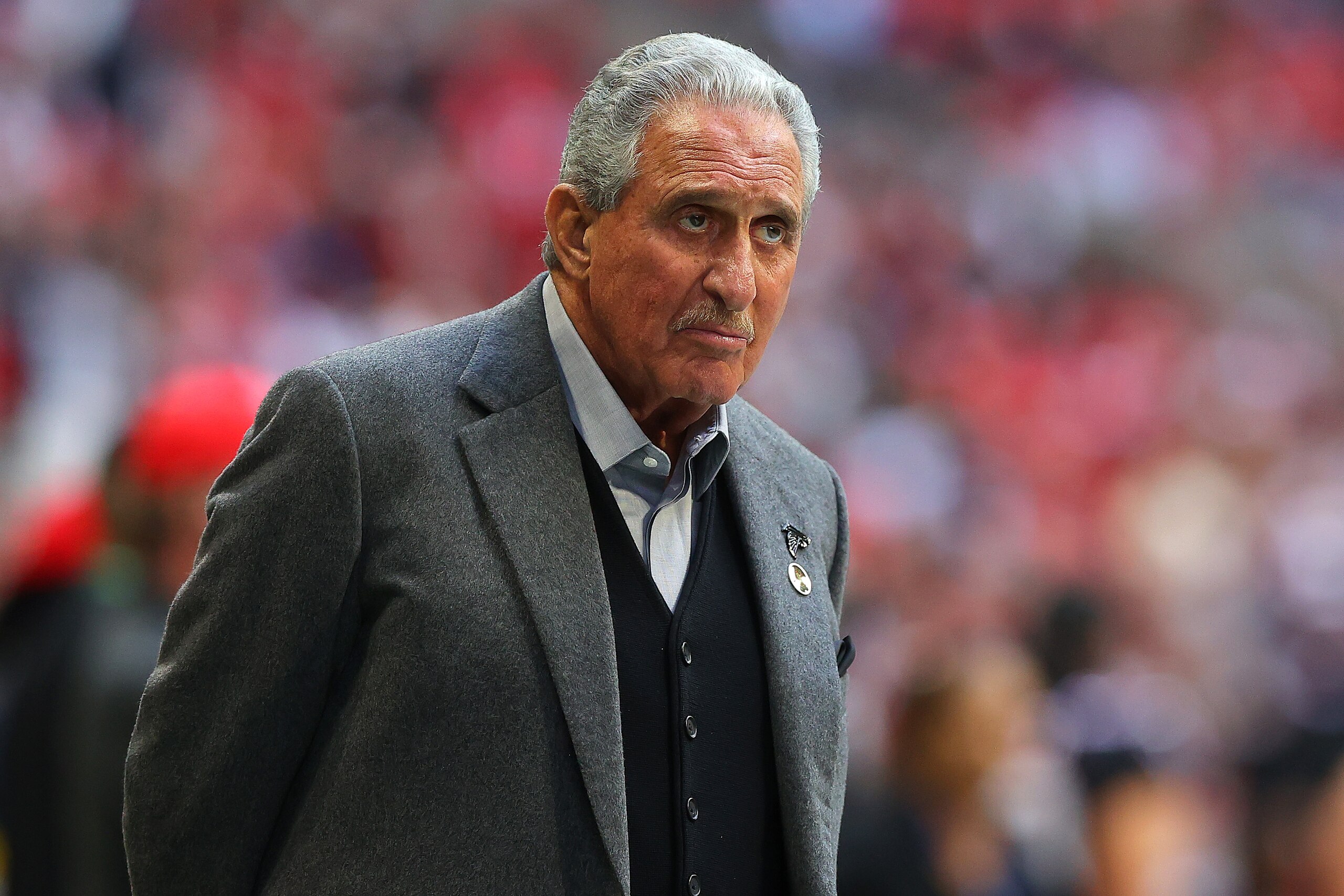 ATLANTA, GEORGIA - DECEMBER 26: Arthur Blank, Atlanta Falcons Chairman, looks on during the game against the Detroit Lions at Mercedes-Benz Stadium on December 26, 2021 in Atlanta, Georgia. (Photo by Todd Kirkland/Getty Images)