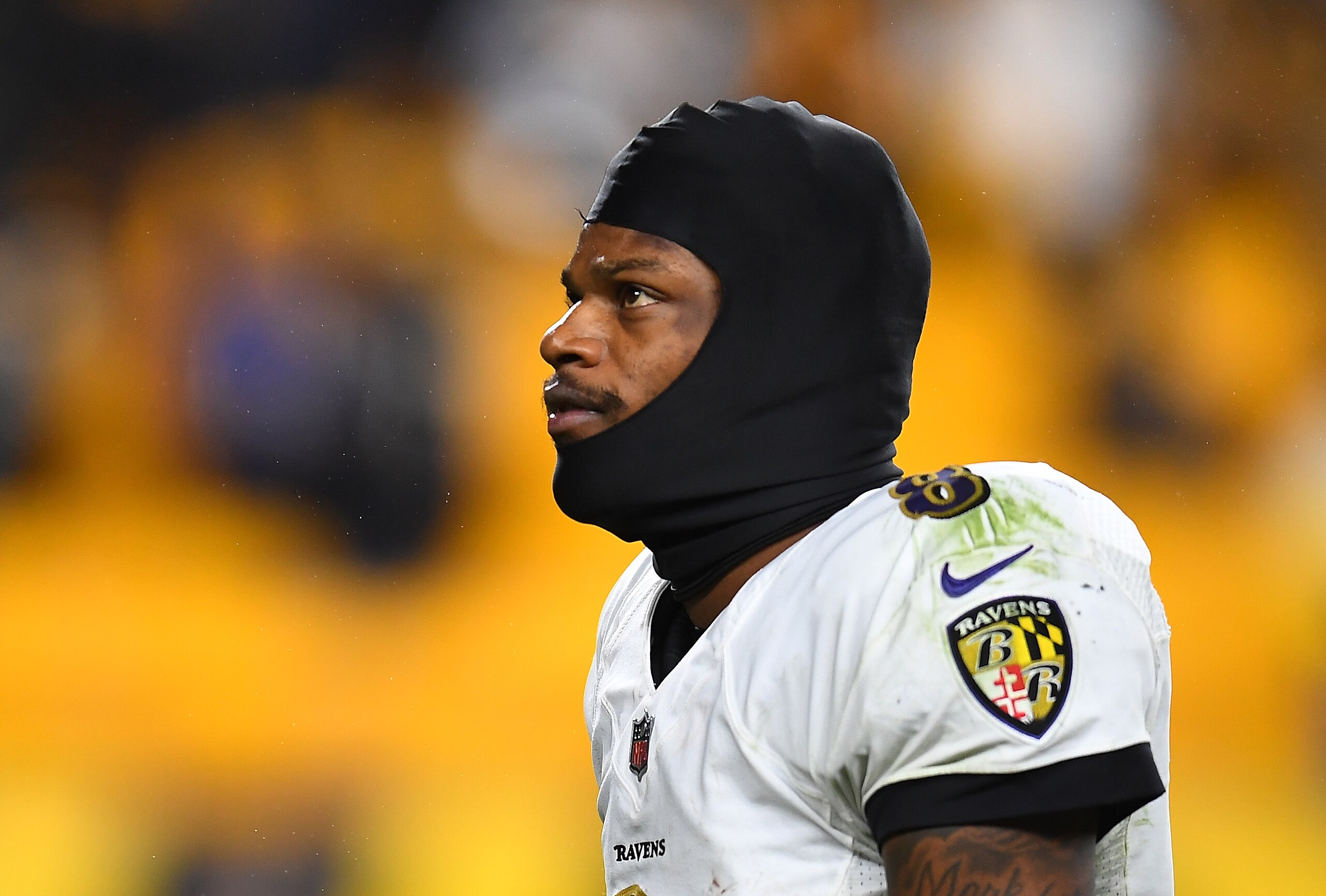 PITTSBURGH, PA - DECEMBER 05:  Lamar Jackson #8 of the Baltimore Ravens looks on during the game against the Pittsburgh Steelers at Heinz Field on December 5, 2021 in Pittsburgh, Pennsylvania. (Photo by Joe Sargent/Getty Images)