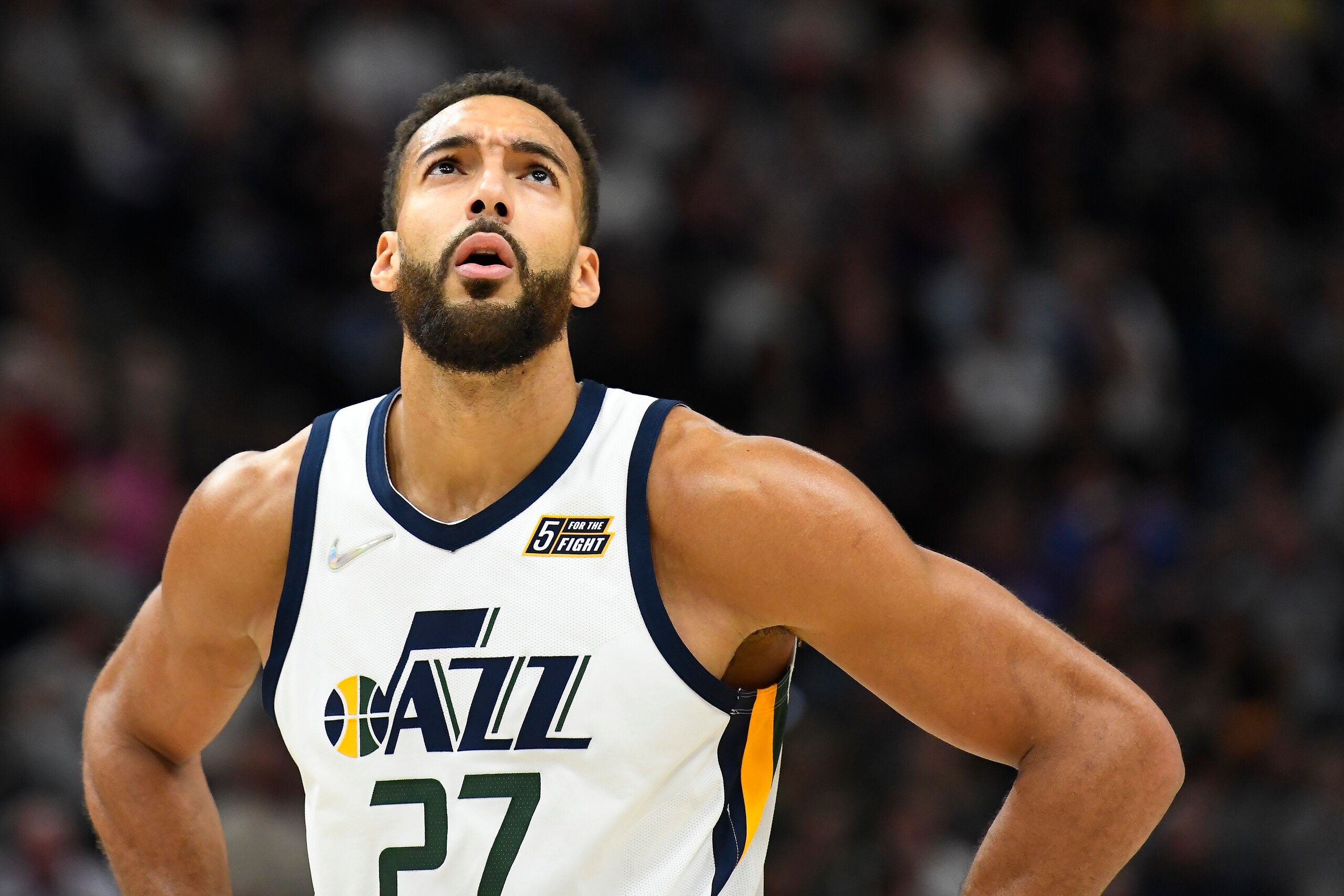 SALT LAKE CITY, UTAH - APRIL 06: Rudy Gobert #27 of the Utah Jazz looks on during the first half of a game against the Oklahoma City Thunder at Vivint Smart Home Arena on April 06, 2022 in Salt Lake City, Utah. NOTE TO USER: User expressly acknowledges and agrees that, by downloading and or using this photograph, User is consenting to the terms and conditions of the Getty Images License Agreement. (Photo by Alex Goodlett/Getty Images)