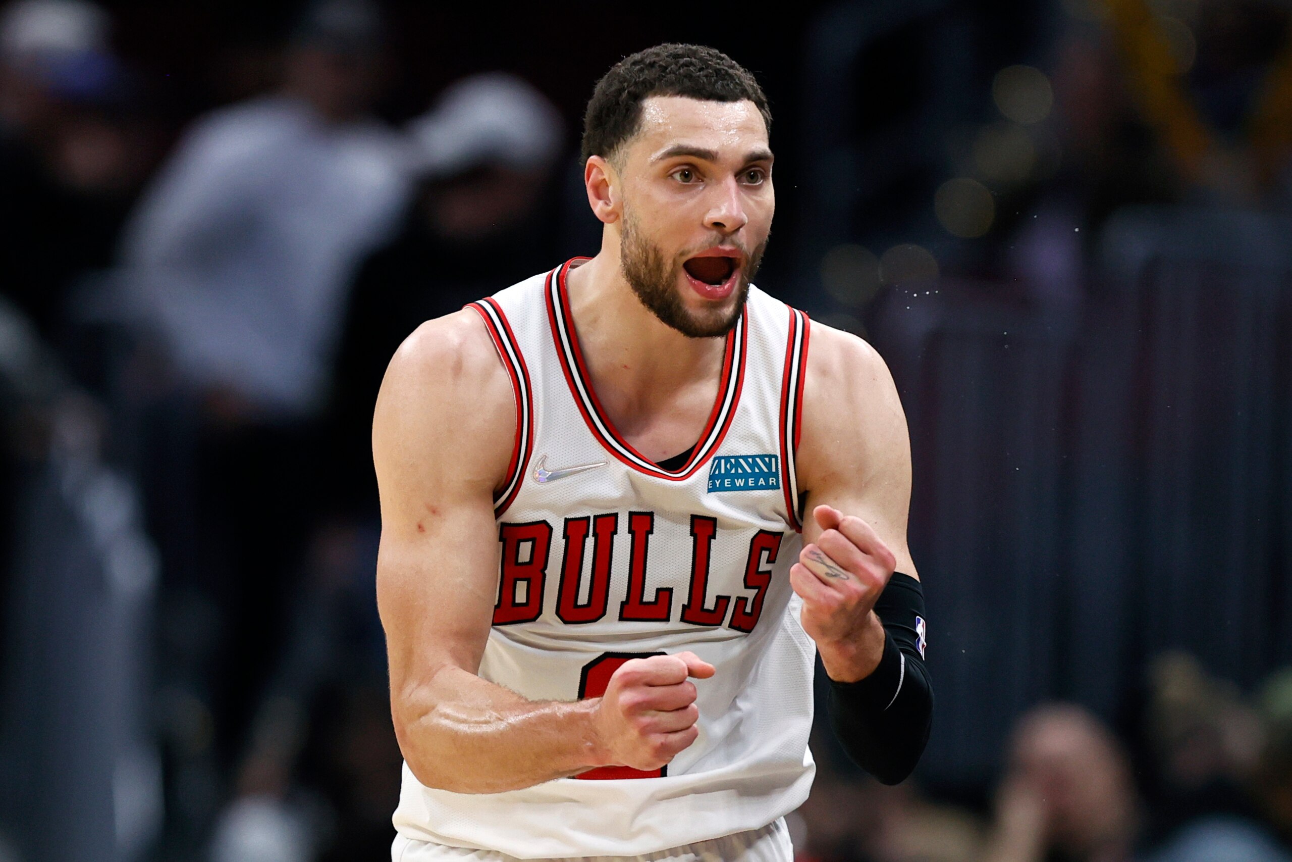 Chicago Bulls' Zach LaVine argues a call during the second half of an NBA basketball game against the Cleveland Cavaliers, Saturday, March 26, 2022, in Cleveland. (AP Photo/Ron Schwane)