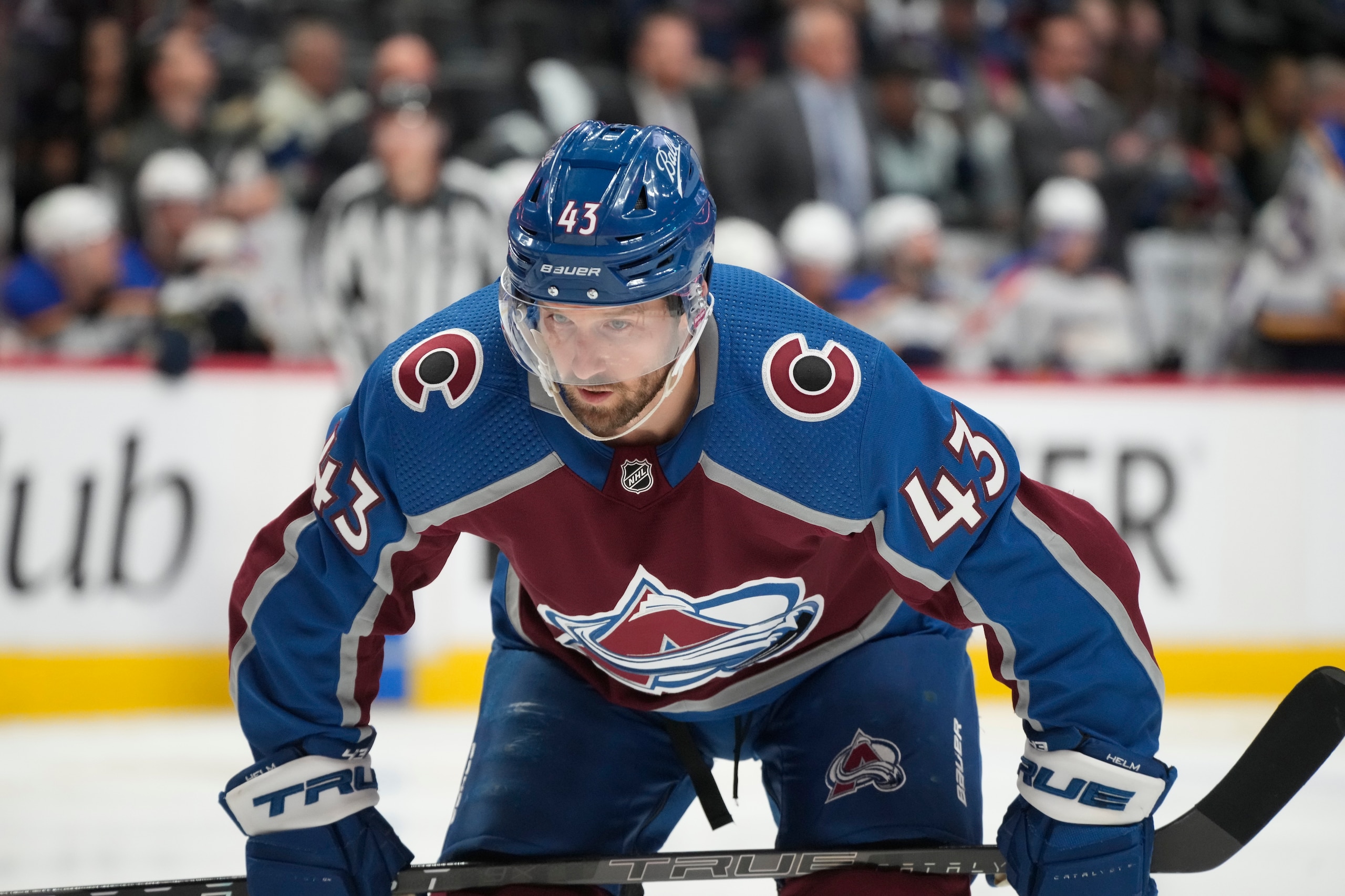 Colorado Avalanche center Darren Helm (43) in the second period of Game 5 of an NHL hockey Stanley Cup second-round playoff series Wednesday, May 25, 2022, in Denver. (AP Photo/David Zalubowski)