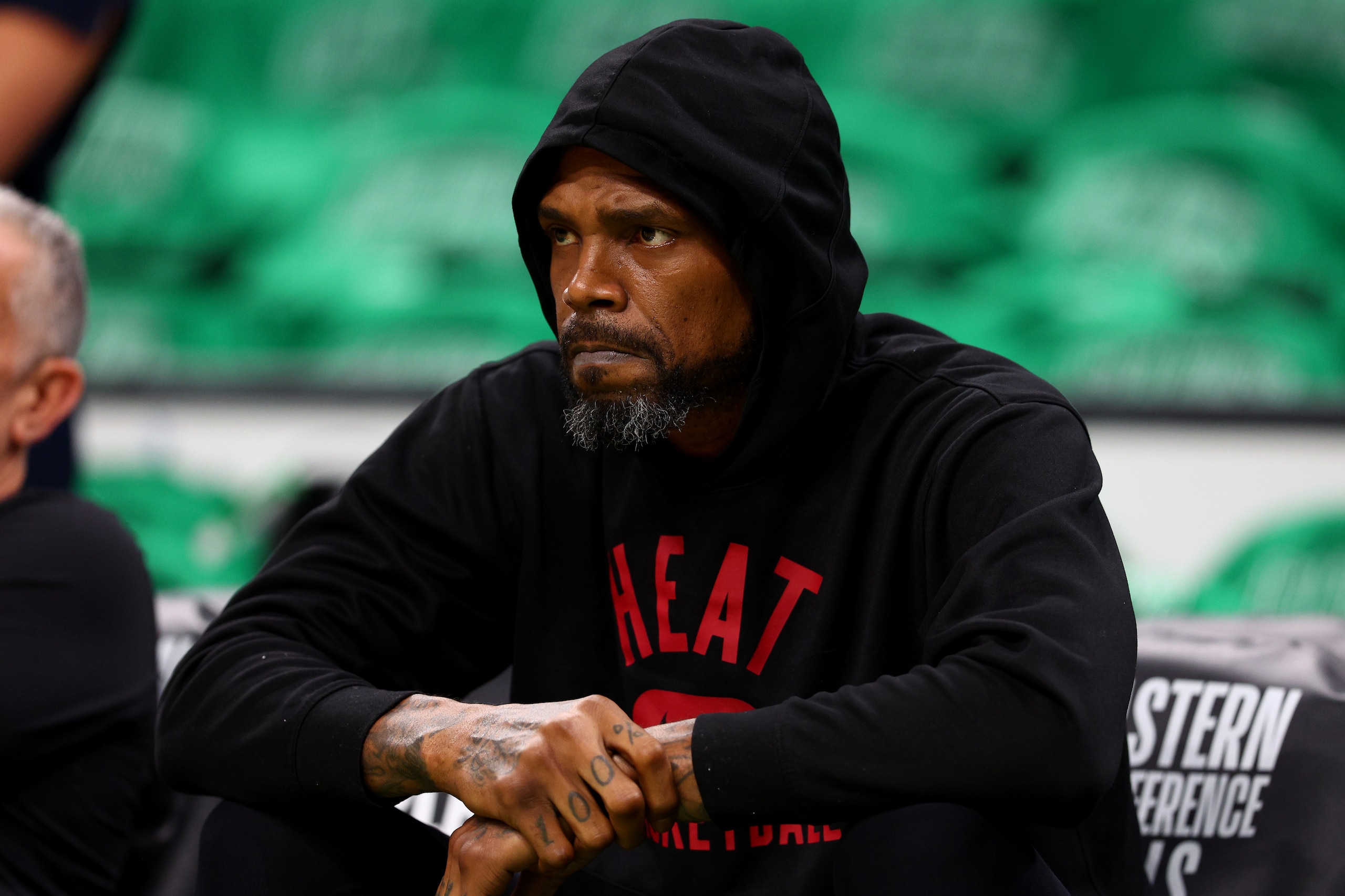 BOSTON, MASSACHUSETTS - MAY 21: Udonis Haslem #40 of the Miami Heat looks on before Game Three of the 2022 NBA Playoffs Eastern Conference Finals against the Boston Celtics at TD Garden on May 21, 2022 in Boston, Massachusetts. NOTE TO USER: User expressly acknowledges and agrees that, by downloading and/or using this photograph, User is consenting to the terms and conditions of the Getty Images License Agreement.  (Photo by Elsa/Getty Images)