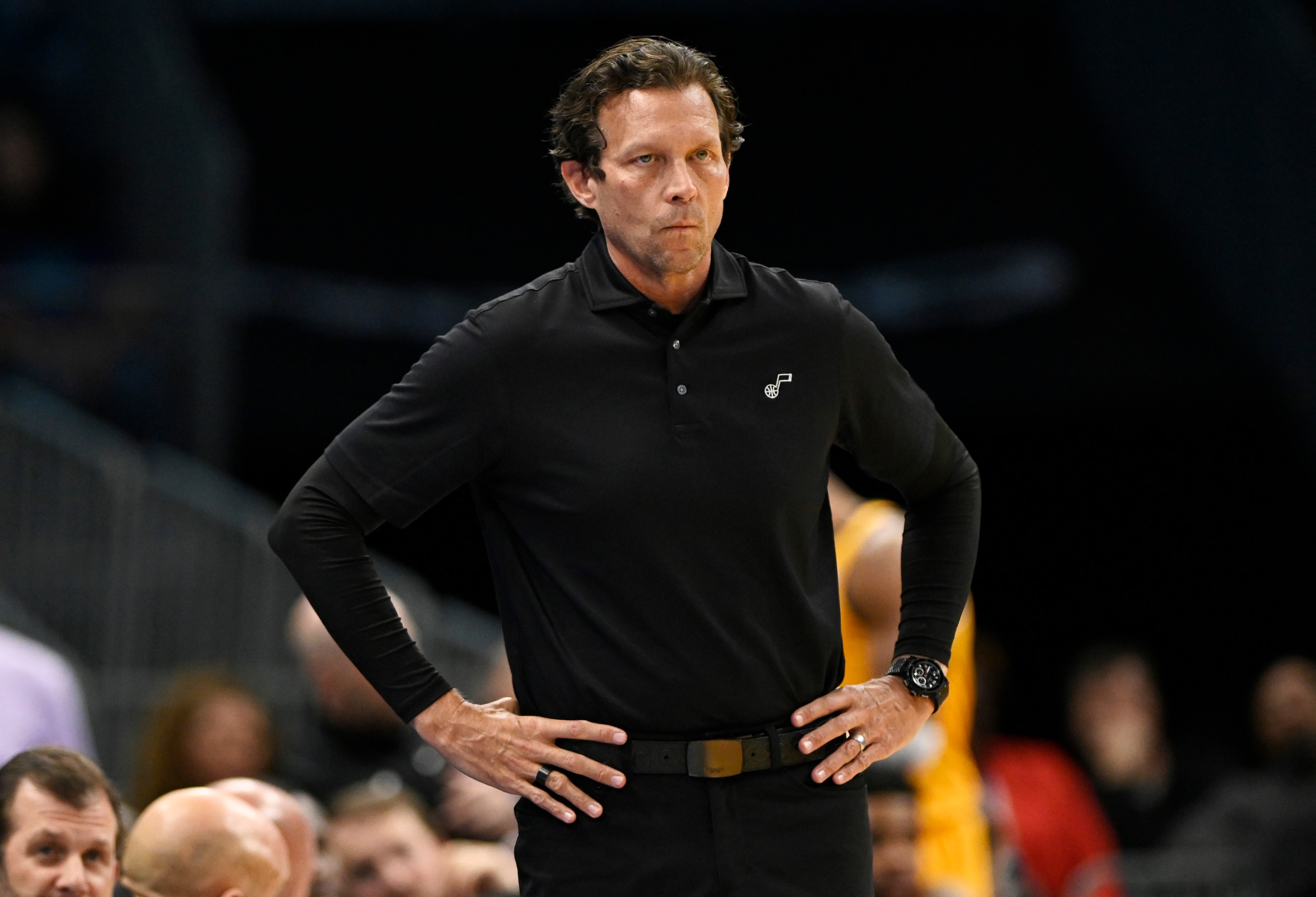 CHARLOTTE, NORTH CAROLINA - MARCH 25: Head coach Quin Snyder of the Utah Jazz looks on against the Charlotte Hornets during the third quarter at Spectrum Center on March 25, 2022 in Charlotte, North Carolina. NOTE TO USER: User expressly acknowledges and agrees that, by downloading and or using this photograph, User is consenting to the terms and conditions of the Getty Images License Agreement. (Photo by Eakin Howard/Getty Images)