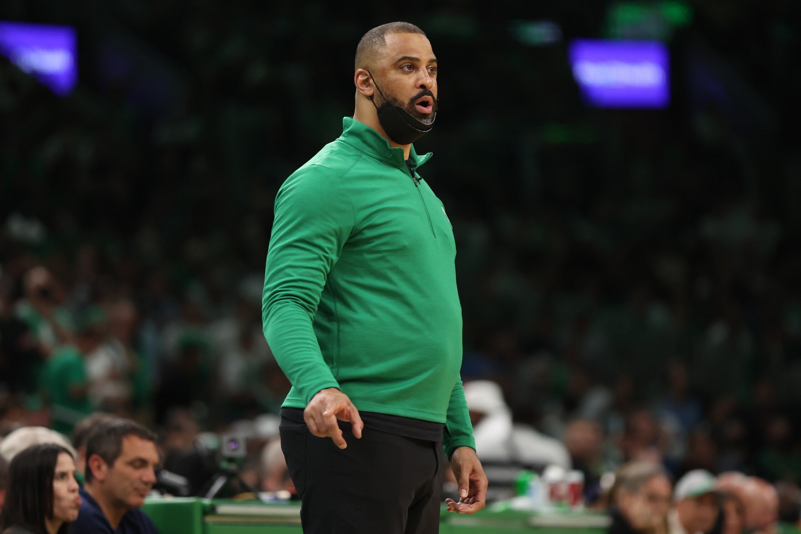 BOSTON, MASSACHUSETTS - MAY 27: Head coach Ime Udoka of the Boston Celtics looks on against the Miami Heat during the second quarter in Game Six of the 2022 NBA Playoffs Eastern Conference Finals at TD Garden on May 27, 2022 in Boston, Massachusetts. NOTE TO USER: User expressly acknowledges and agrees that, by downloading and/or using this photograph, User is consenting to the terms and conditions of the Getty Images License Agreement. (Photo by Maddie Meyer/Getty Images)