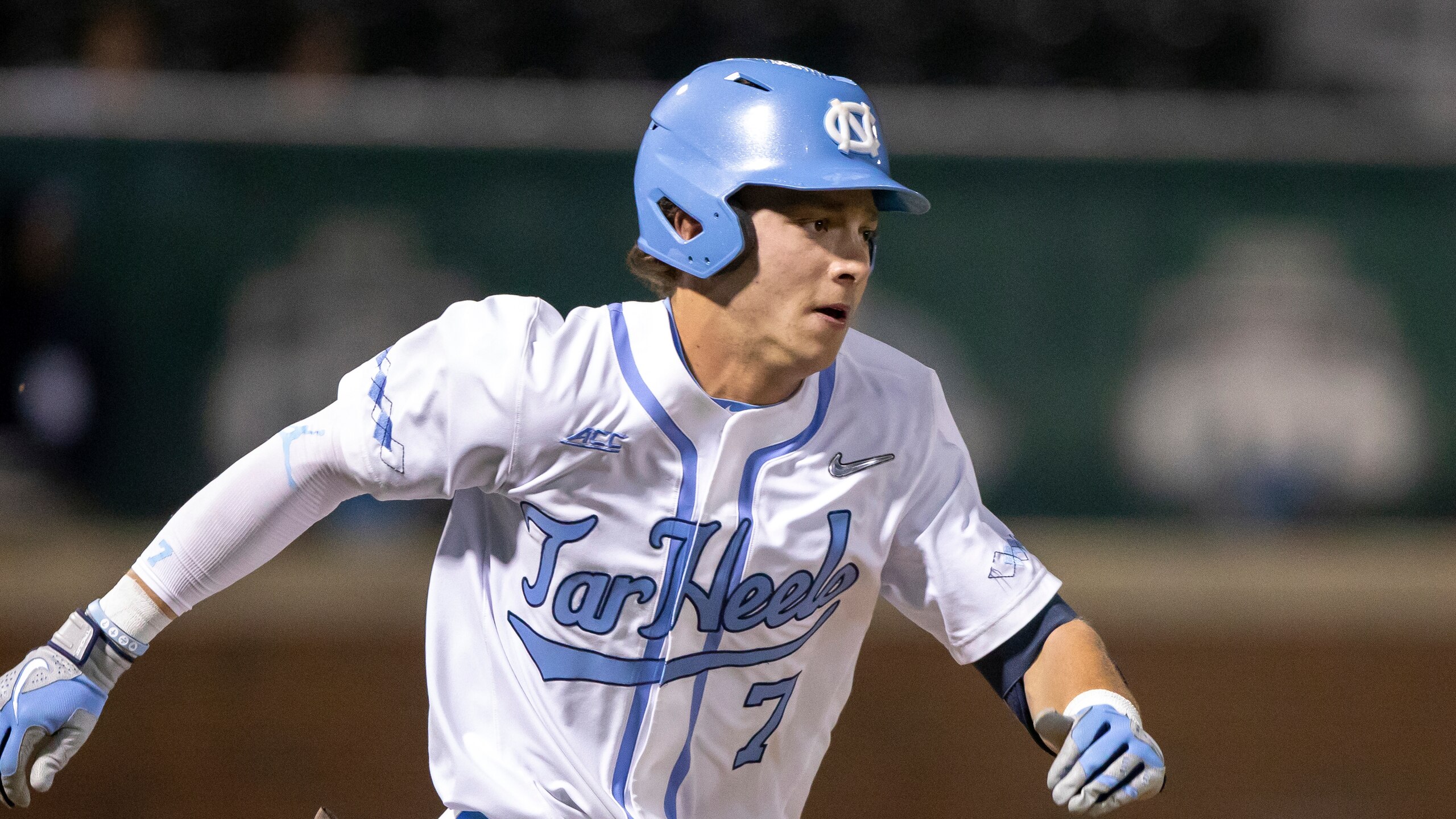 North Carolina's Vance Honeycutt (7) runs to first base during an NCAA baseball game on Friday, April 1, 2022, in Chapel Hill, N.C. (AP Photo/Ben McKeown)