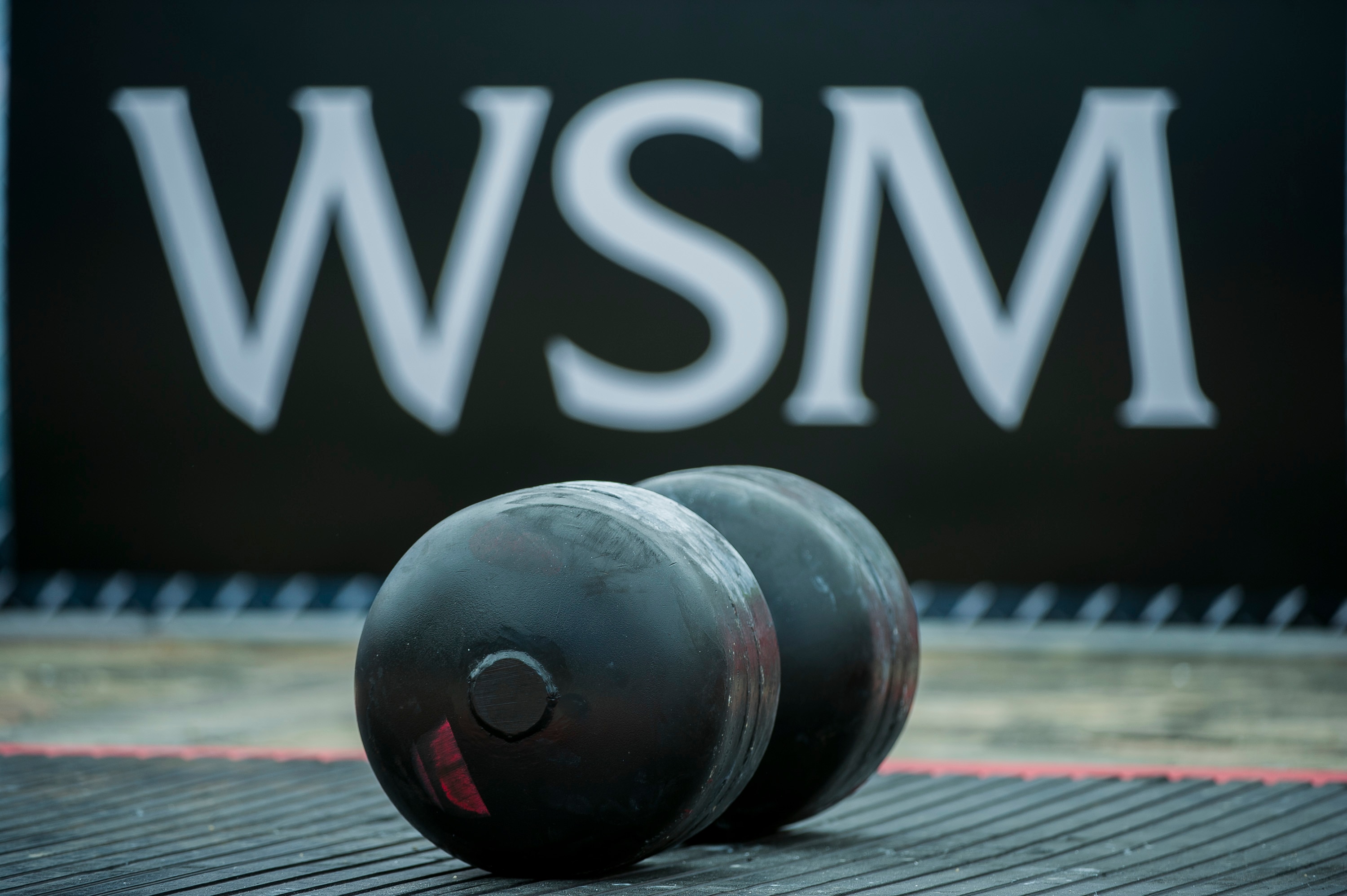 HAINAN ISLAND, CHINA - AUGUST 24:  Weights pictured in front of WSM logo before the Circus Medley event during the World's Strongest Man competition at Yalong Bay Cultural Square on August 24, 2013 in Hainan Island, China.  (Photo by Victor Fraile/Getty Images)