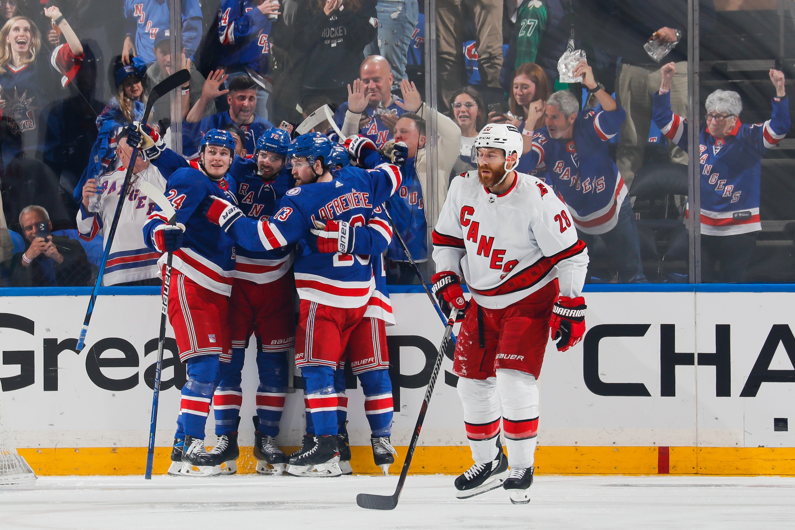 NEW YORK, NEW YORK - MAY 28: Filip Chytil #72 of the New York Rangers celebrates a second period goal against the Carolina Hurricanes with teammates in Game Six of the Second Round of the 2022 Stanley Cup Playoffs at Madison Square Garden on May 28, 2022 in New York City. (Photo by Jared Silber/NHLI via Getty Images) NEW YORK, NEW YORK - MAY 28: Filip Chytil #72 of the New York Rangers celebrates a second period goal against the Carolina Hurricanes with teammates in Game Six of the Second Round of the 2022 Stanley Cup Playoffs at Madison Square Garden on May 28, 2022 in New York City. (Photo by Jared Silber/NHLI via Getty Images)