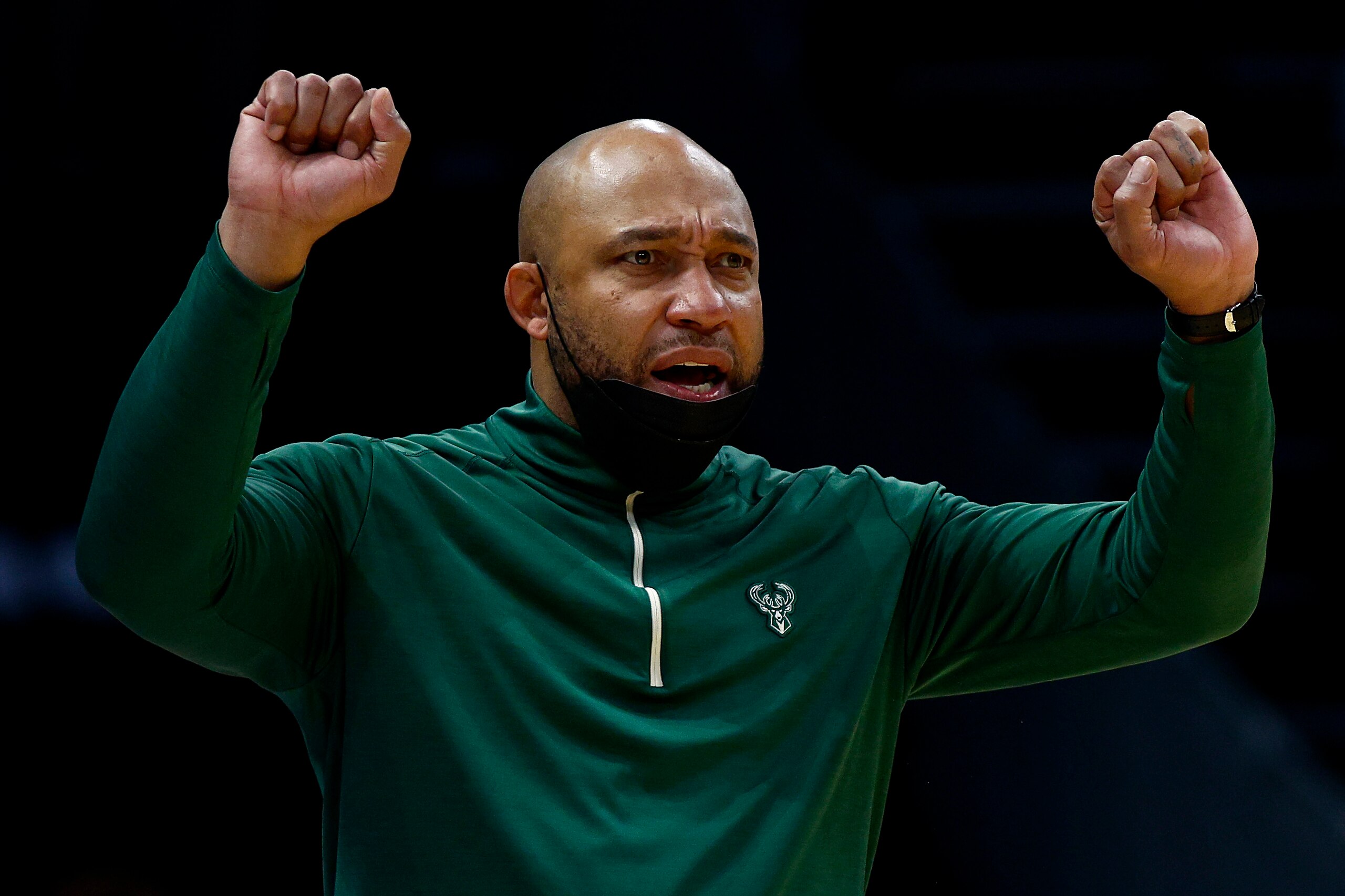 CHARLOTTE, NORTH CAROLINA - JANUARY 08: Acting head coach Darvin Ham of the Milwaukee Bucks reacts during the second half of the game against the Charlotte Hornets at Spectrum Center on January 08, 2022 in Charlotte, North Carolina. NOTE TO USER: User expressly acknowledges and agrees that, by downloading and or using this photograph, User is consenting to the terms and conditions of the Getty Images License Agreement. (Photo by Jared C. Tilton/Getty Images) CHARLOTTE, NORTH CAROLINA - JANUARY 08: Acting head coach Darvin Ham of the Milwaukee Bucks reacts during the second half of the game against the Charlotte Hornets at Spectrum Center on January 08, 2022 in Charlotte, North Carolina. NOTE TO USER: User expressly acknowledges and agrees that, by downloading and or using this photograph, User is consenting to the terms and conditions of the Getty Images License Agreement. (Photo by Jared C. Tilton/Getty Images)