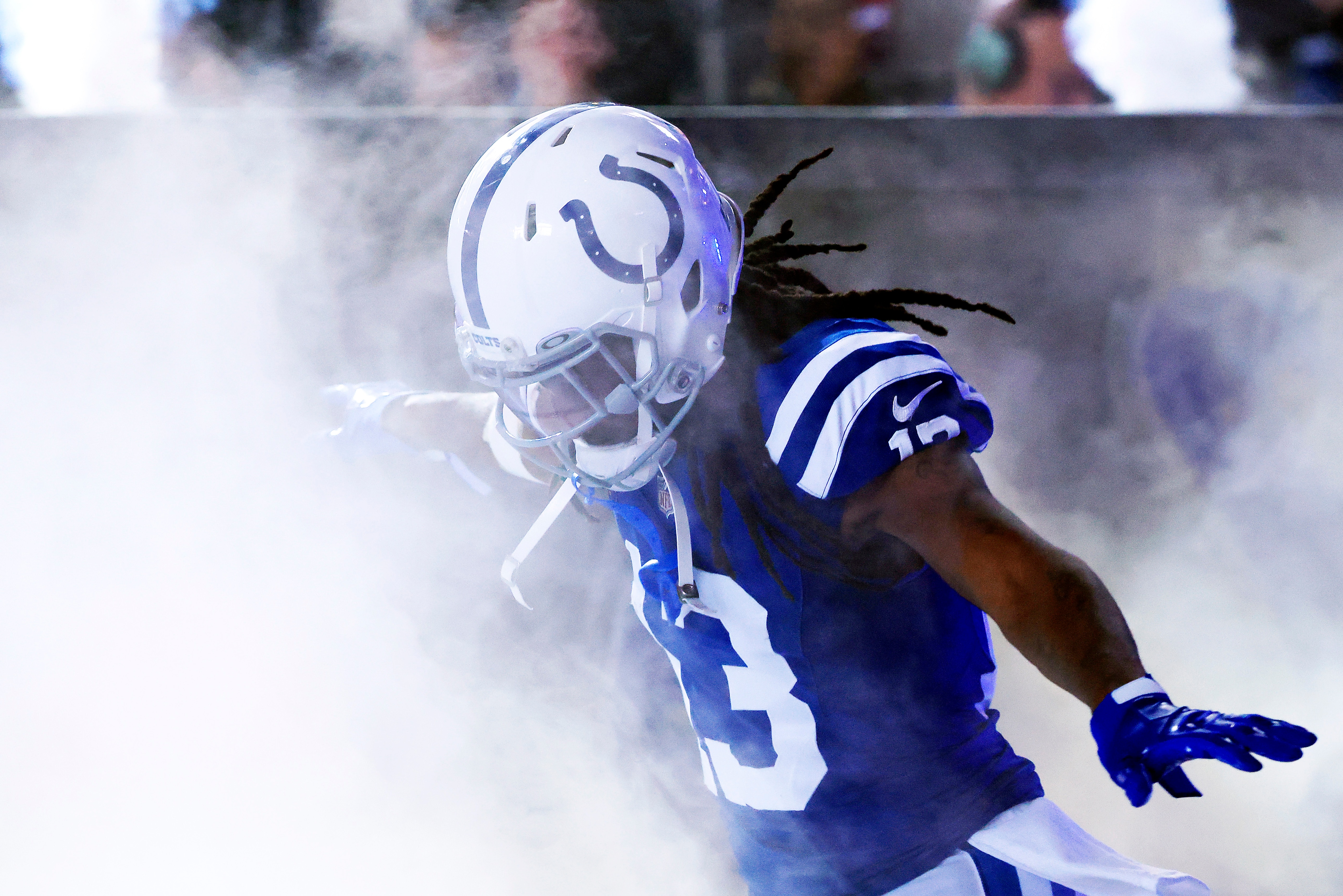 INDIANAPOLIS, INDIANA - JANUARY 02: T.Y. Hilton #13 of the Indianapolis Colts is introduced before the game against the Las Vegas Raiders at Lucas Oil Stadium on January 02, 2022 in Indianapolis, Indiana. (Photo by Justin Casterline/Getty Images)