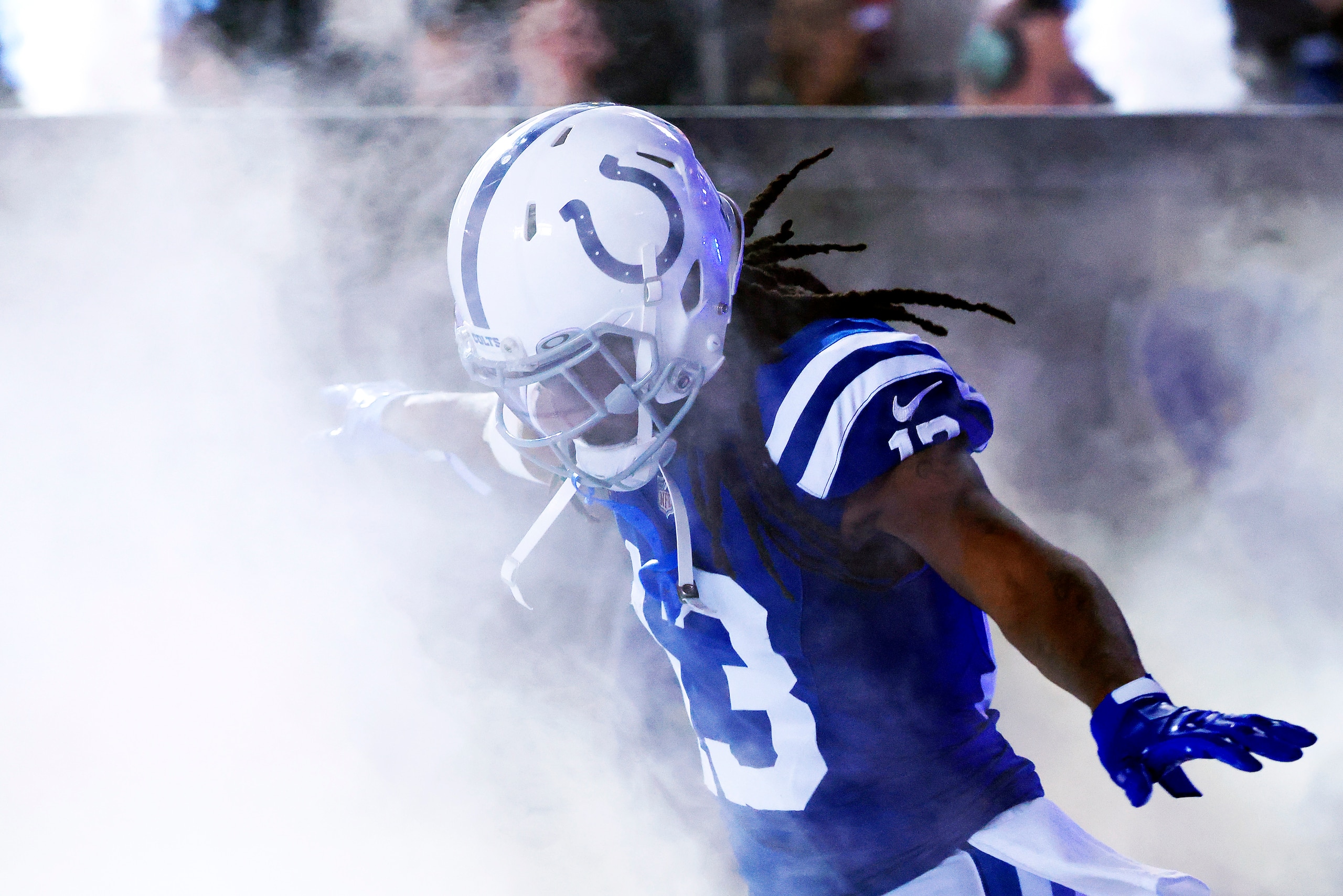 INDIANAPOLIS, INDIANA - JANUARY 02: T.Y. Hilton #13 of the Indianapolis Colts is introduced before the game against the Las Vegas Raiders at Lucas Oil Stadium on January 02, 2022 in Indianapolis, Indiana. (Photo by Justin Casterline/Getty Images)