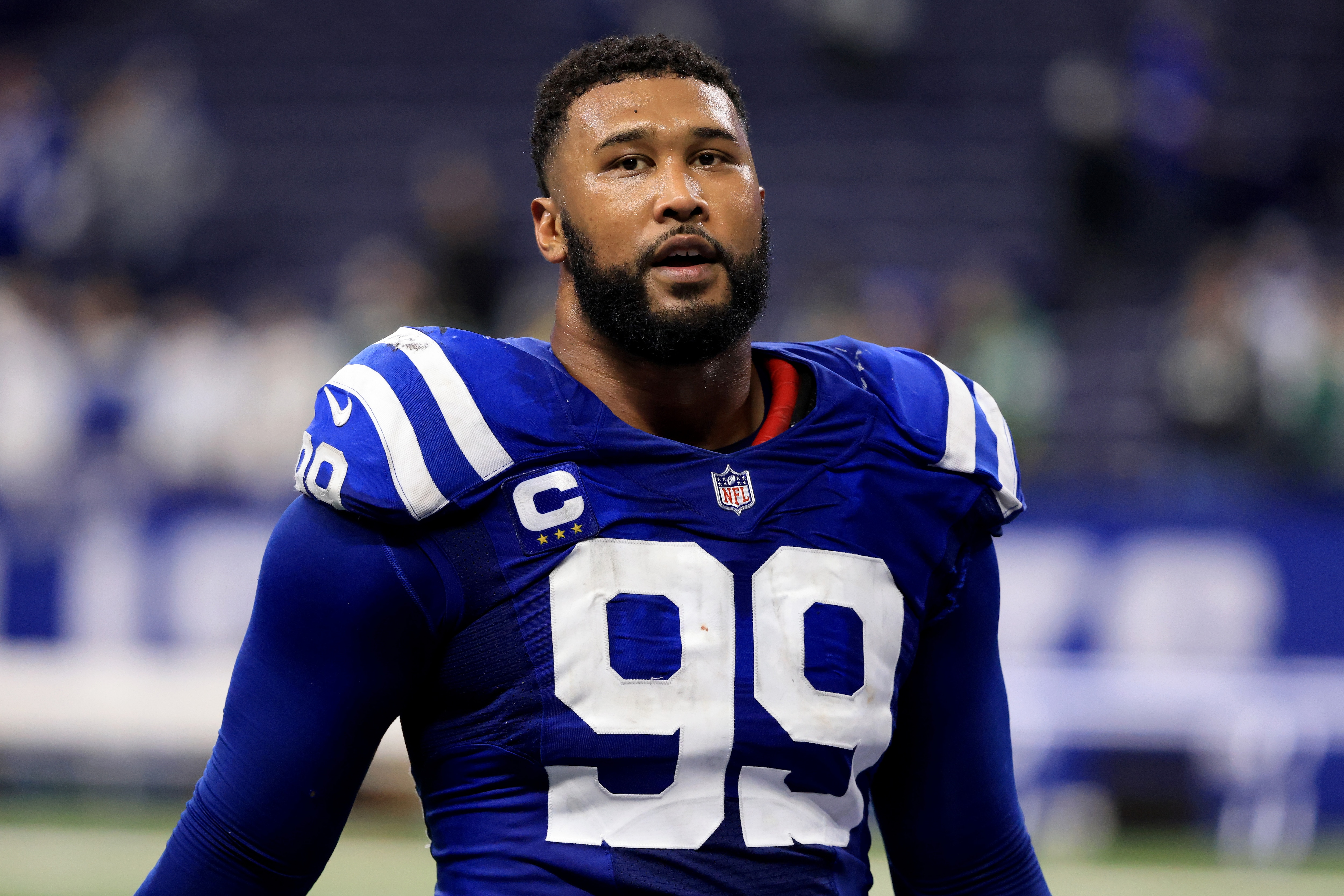 INDIANAPOLIS, INDIANA - NOVEMBER 04: DeForest Buckner #99 of the Indianapolis Colts walks off the field after a the game against the New York Jets at Lucas Oil Stadium on November 04, 2021 in Indianapolis, Indiana. (Photo by Justin Casterline/Getty Images)