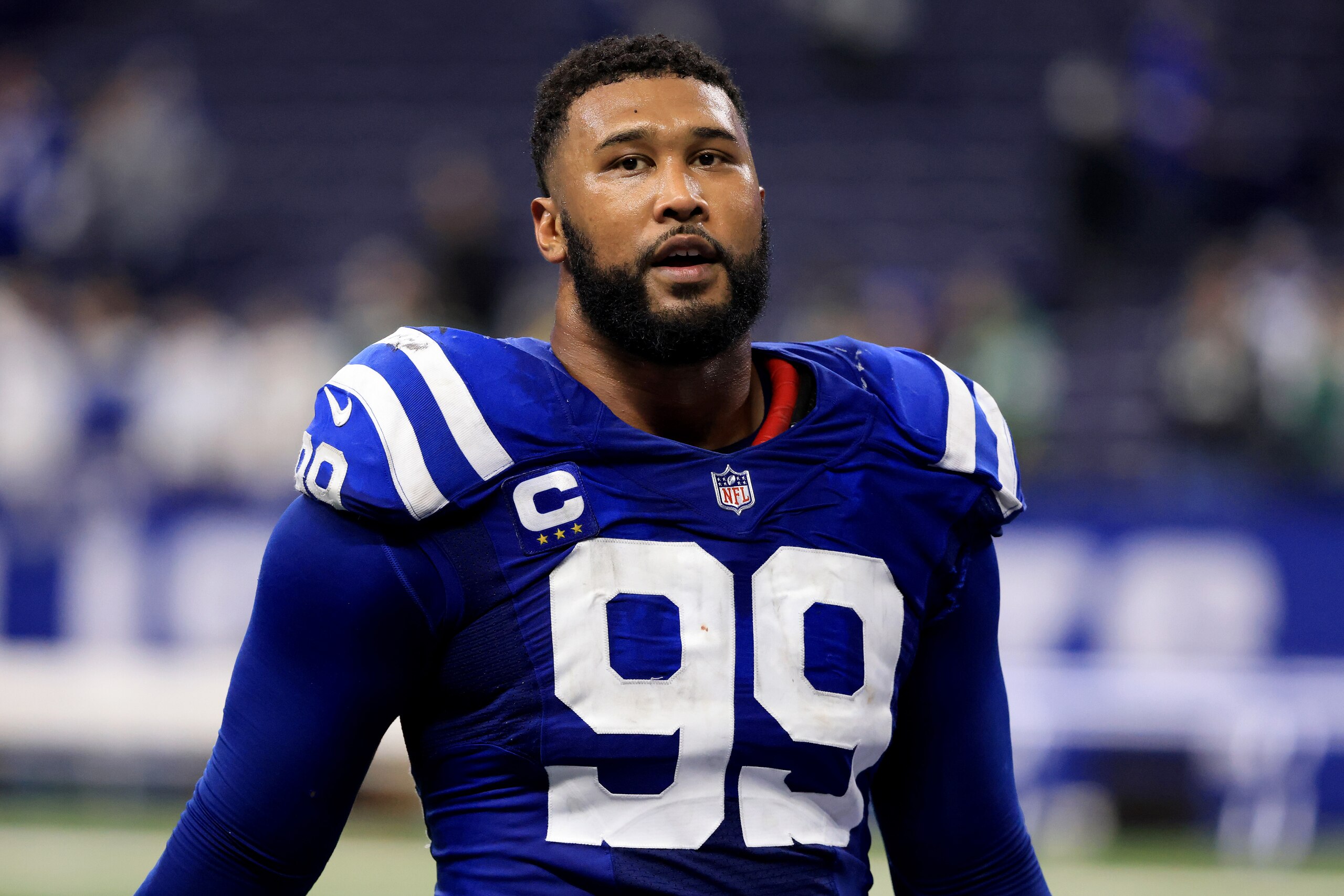 INDIANAPOLIS, INDIANA - NOVEMBER 04: DeForest Buckner #99 of the Indianapolis Colts walks off the field after a the game against the New York Jets at Lucas Oil Stadium on November 04, 2021 in Indianapolis, Indiana. (Photo by Justin Casterline/Getty Images)