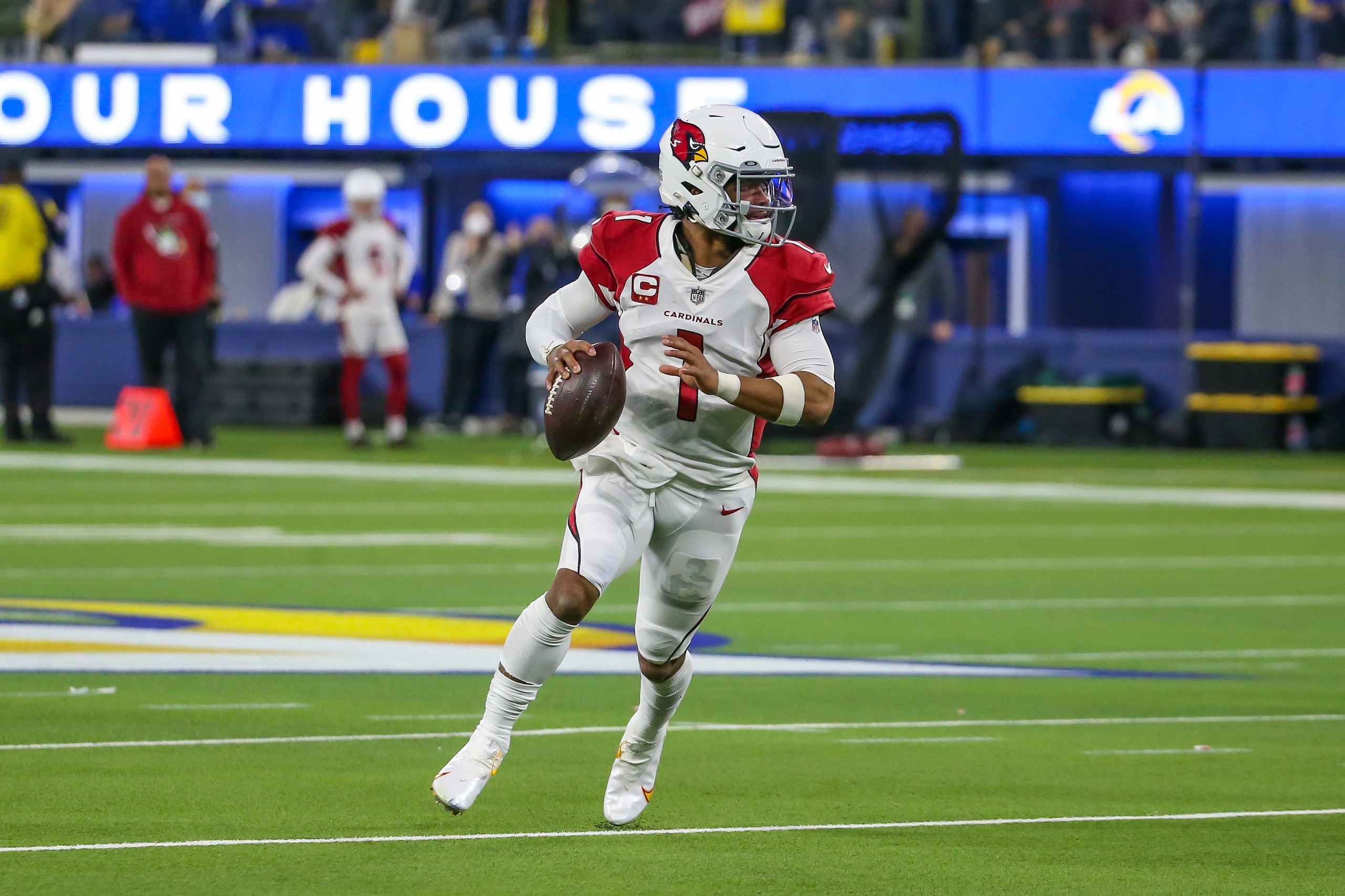 INGLEWOOD, CA - JANUARY 17: Arizona Cardinals quarterback Kyler Murray #1 during the NFC Wild Card playoff game between the Arizona Cardinals and the Los Angeles Rams on January 17, 2022, at SoFi Stadium in Inglewood, CA. (Photo by Jevone Moore/Icon Sportswire via Getty Images) INGLEWOOD, CA - JANUARY 17: Arizona Cardinals quarterback Kyler Murray #1 during the NFC Wild Card playoff game between the Arizona Cardinals and the Los Angeles Rams on January 17, 2022, at SoFi Stadium in Inglewood, CA. (Photo by Jevone Moore/Icon Sportswire via Getty Images)