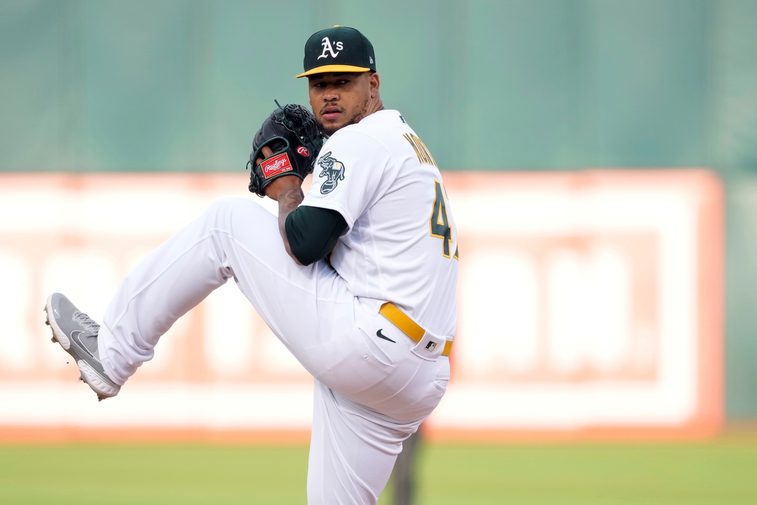 Oakland Athletics starting pitcher Frankie Montas winds up during the second inning of the team's baseball game against the Texas Rangers on Thursday, May 26, 2022, in Oakland, Calif. (AP Photo/Darren Yamashita)