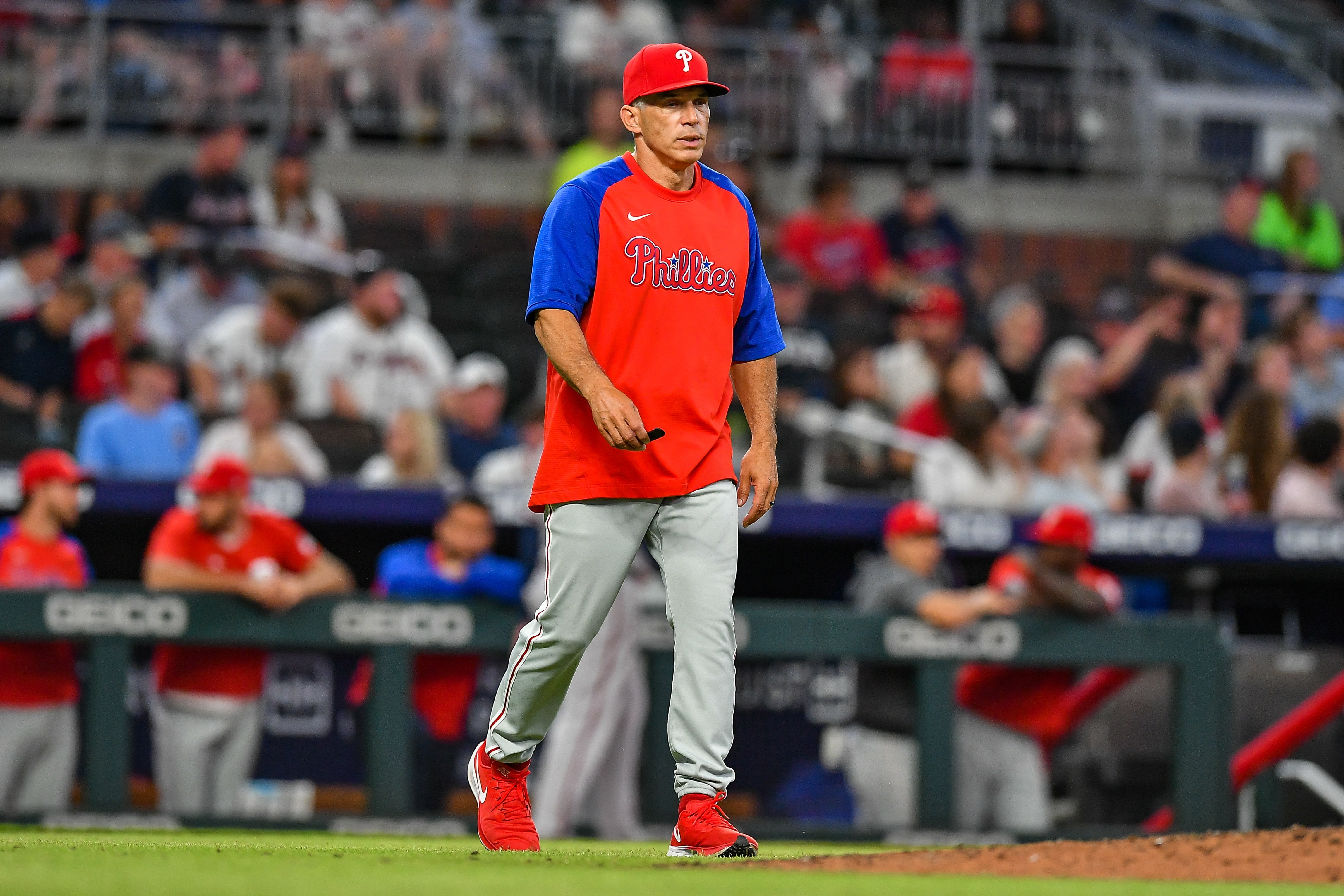 ATLANTA, GA  MAY 24:  Philadelphia manager Joe Girardi (25) walks to the mound to make a pitching change during the MLB game between the Philadelphia Phillies and the Atlanta Braves on May 24th, 2022 at Truist Park in Atlanta, GA. (Photo by Rich von Biberstein/Icon Sportswire via Getty Images)