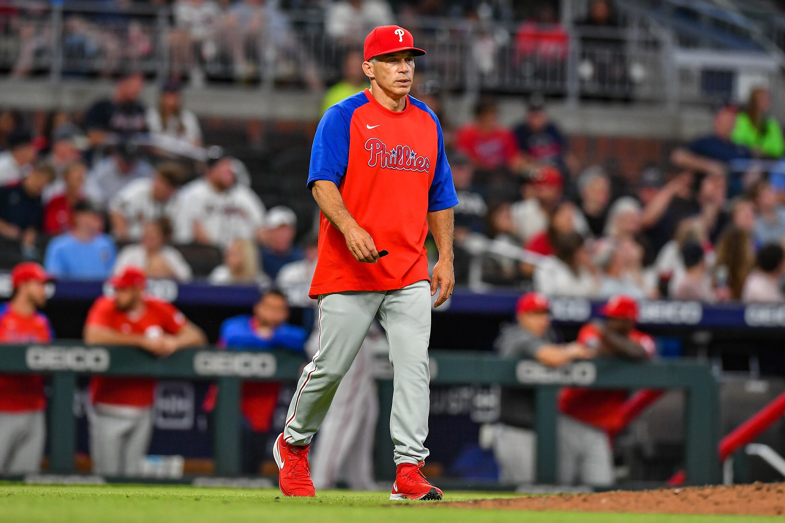 ATLANTA, GA  MAY 24:  Philadelphia manager Joe Girardi (25) walks to the mound to make a pitching change during the MLB game between the Philadelphia Phillies and the Atlanta Braves on May 24th, 2022 at Truist Park in Atlanta, GA. (Photo by Rich von Biberstein/Icon Sportswire via Getty Images)