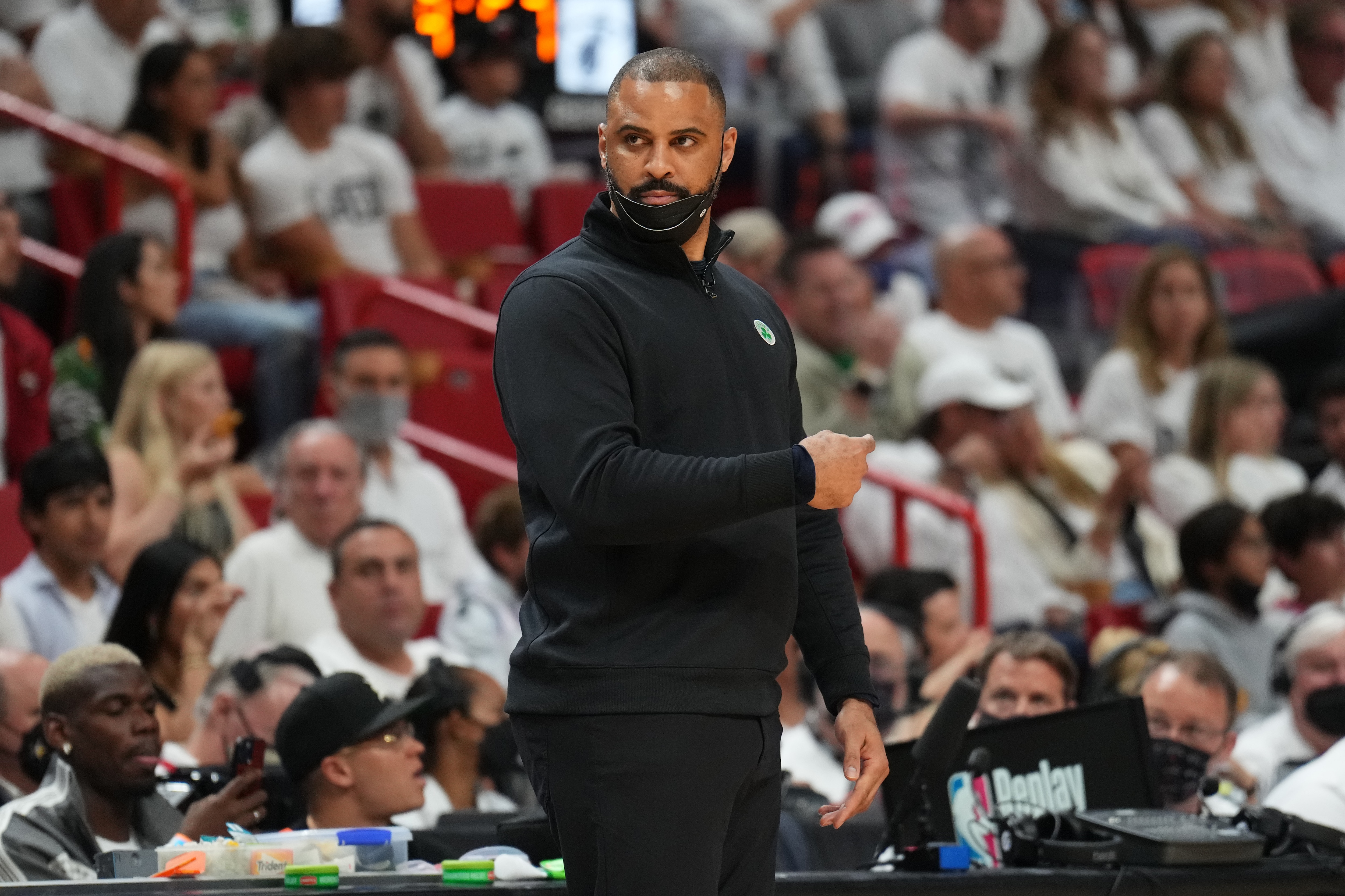MIAMI, FL - MAY 29: Head Coach Ime Udoka of the Boston Celtics looks on during Game 7 of the 2022 NBA Playoffs Eastern Conference Finals on May 29, 2022 at FTX Arena in Miami, Florida. NOTE TO USER: User expressly acknowledges and agrees that, by downloading and or using this Photograph, user is consenting to the terms and conditions of the Getty Images License Agreement. Mandatory Copyright Notice: Copyright 2022 NBAE (Photo by Jesse D. Garrabrant/NBAE via Getty Images)