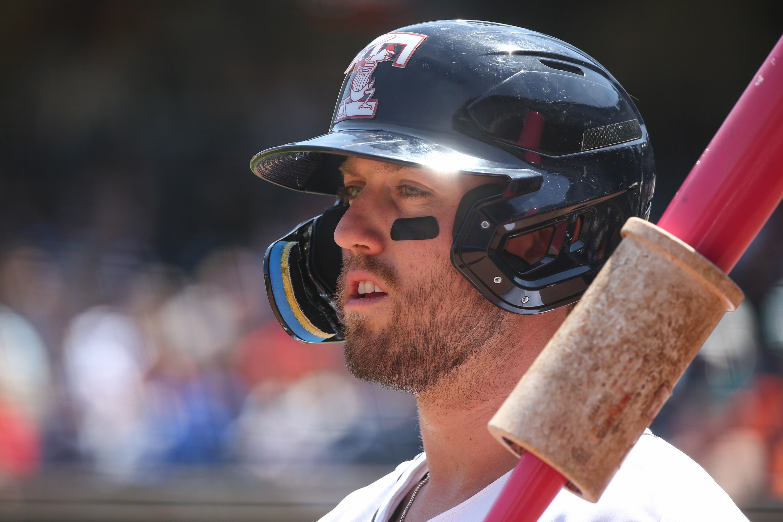 TOLEDO, OH - MAY 08:  Toledo Mud Hens second baseman Kody Clemens (3) looks on as he warms up to bat during a Triple-A Minor League Baseball regular season game between the Worchester Red Sox and the Toledo Mud Hens on May 8, 2022 at Fifth Third Field in Toledo, Ohio.  (Photo by Scott W. Grau/Icon Sportswire via Getty Images)