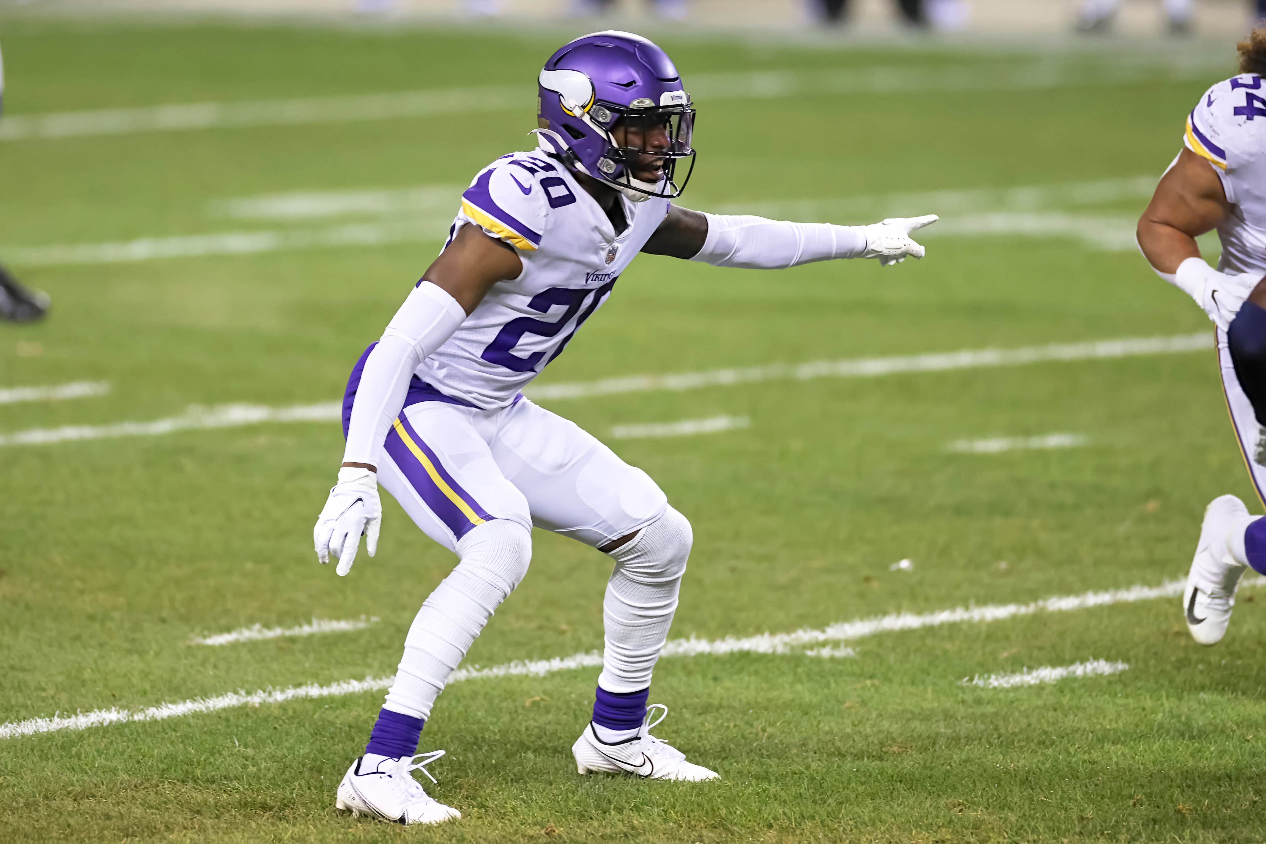 CHICAGO, IL - NOVEMBER 16: Minnesota Vikings cornerback Jeff Gladney (20) in action during a NFL game between the Minnesota Vikings and the Chicago Bears on November 16, 2020 at Soldier Field, in Chicago, IL.  (Photo by Robin Alam/Icon Sportswire via Getty Images)