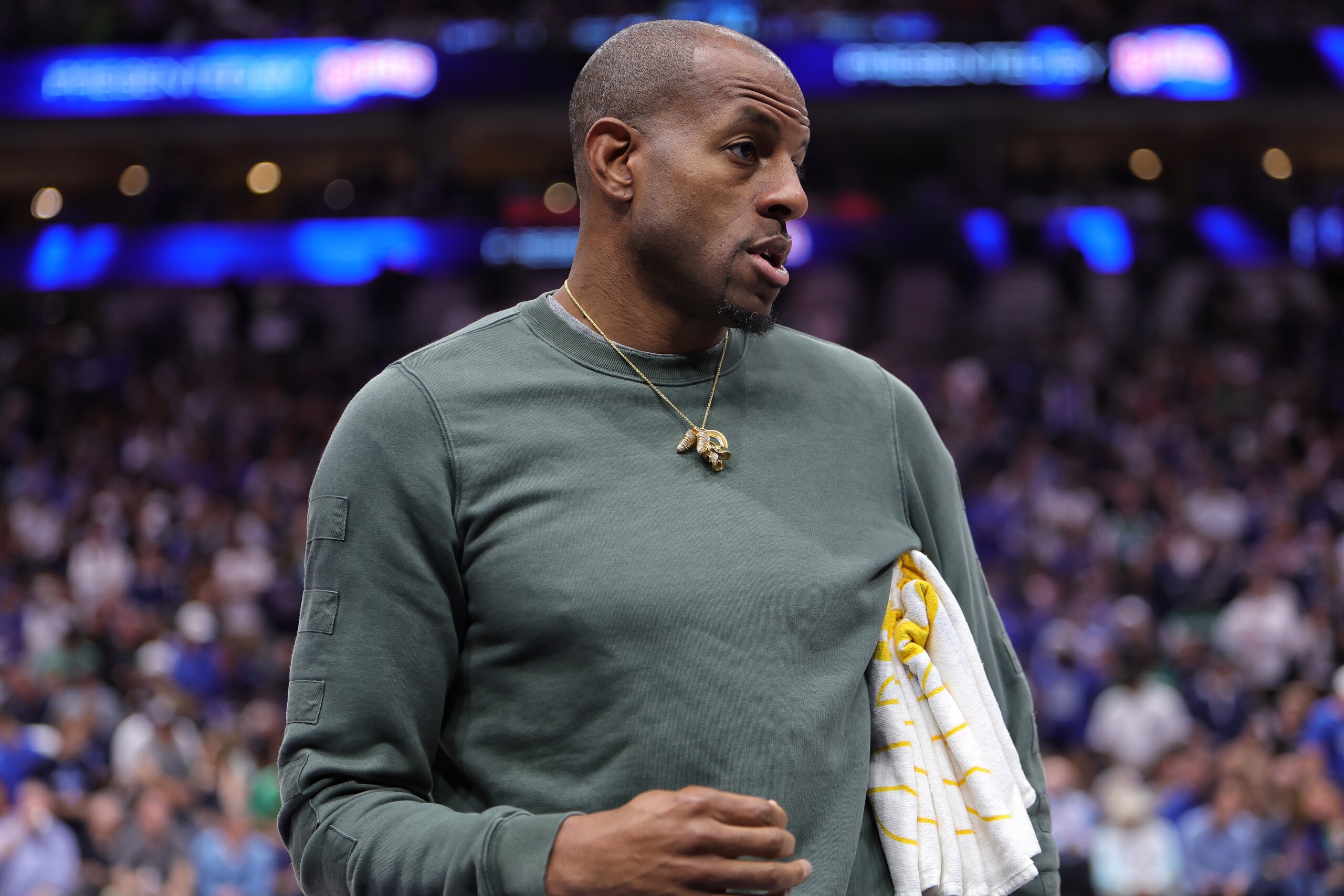 DALLAS, TX - MAY 22: Andre Iguodala #9 of the Golden State Warriors looks on during the game against the Dallas Mavericks during Game 3 of the 2022 NBA Playoffs Western Conference Finals against the Dallas Mavericks on May 22, 2022 at the American Airlines Center in Dallas, Texas. NOTE TO USER: User expressly acknowledges and agrees that, by downloading and or using this photograph, User is consenting to the terms and conditions of the Getty Images License Agreement. Mandatory Copyright Notice: Copyright 2022 NBAE (Photo by Jim Poorten/NBAE via Getty Images) DALLAS, TX - MAY 22: Andre Iguodala #9 of the Golden State Warriors looks on during the game against the Dallas Mavericks during Game 3 of the 2022 NBA Playoffs Western Conference Finals against the Dallas Mavericks on May 22, 2022 at the American Airlines Center in Dallas, Texas. NOTE TO USER: User expressly acknowledges and agrees that, by downloading and or using this photograph, User is consenting to the terms and conditions of the Getty Images License Agreement. Mandatory Copyright Notice: Copyright 2022 NBAE (Photo by Jim Poorten/NBAE via Getty Images)