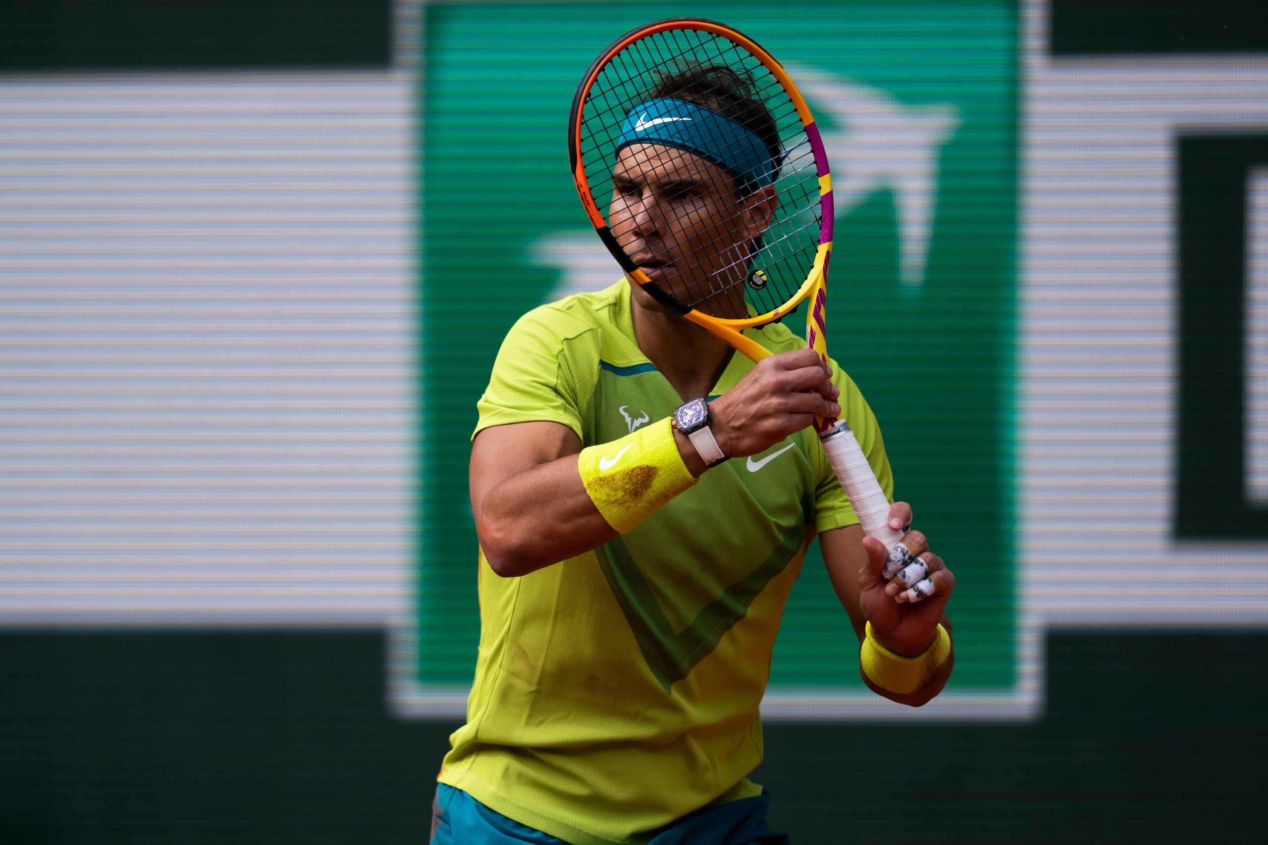 PARIS, FRANCE - MAY 29: Rafael Nadal of Spain plays against Felix Auger Alliasime (not seen) of Canada in the menâs fourth round match during 8th day of the French Open tennis tournament at Roland âGarros in Paris, France on May 29, 2022. (Photo by Mine Kasapoglu/Anadolu Agency via Getty Images)
