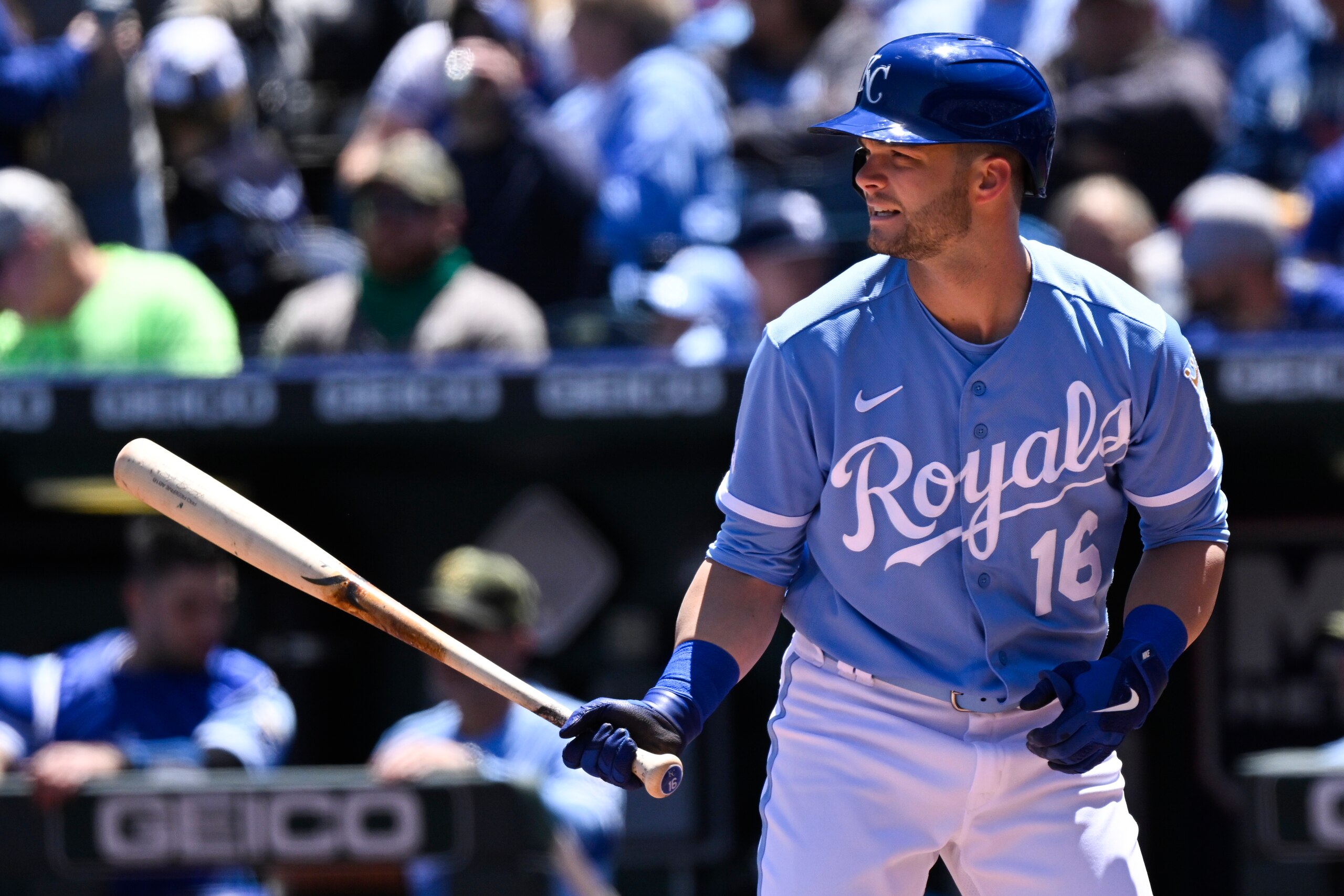 KANSAS CITY, MO - MAY 22: Andrew Benintendi #16 of the Kansas City Royals bats against the Minnesota Twins during the first inning at Kauffman Stadium on May 22, 2022 in Kansas City, Missouri. (Photo by Reed Hoffmann/Getty Images)