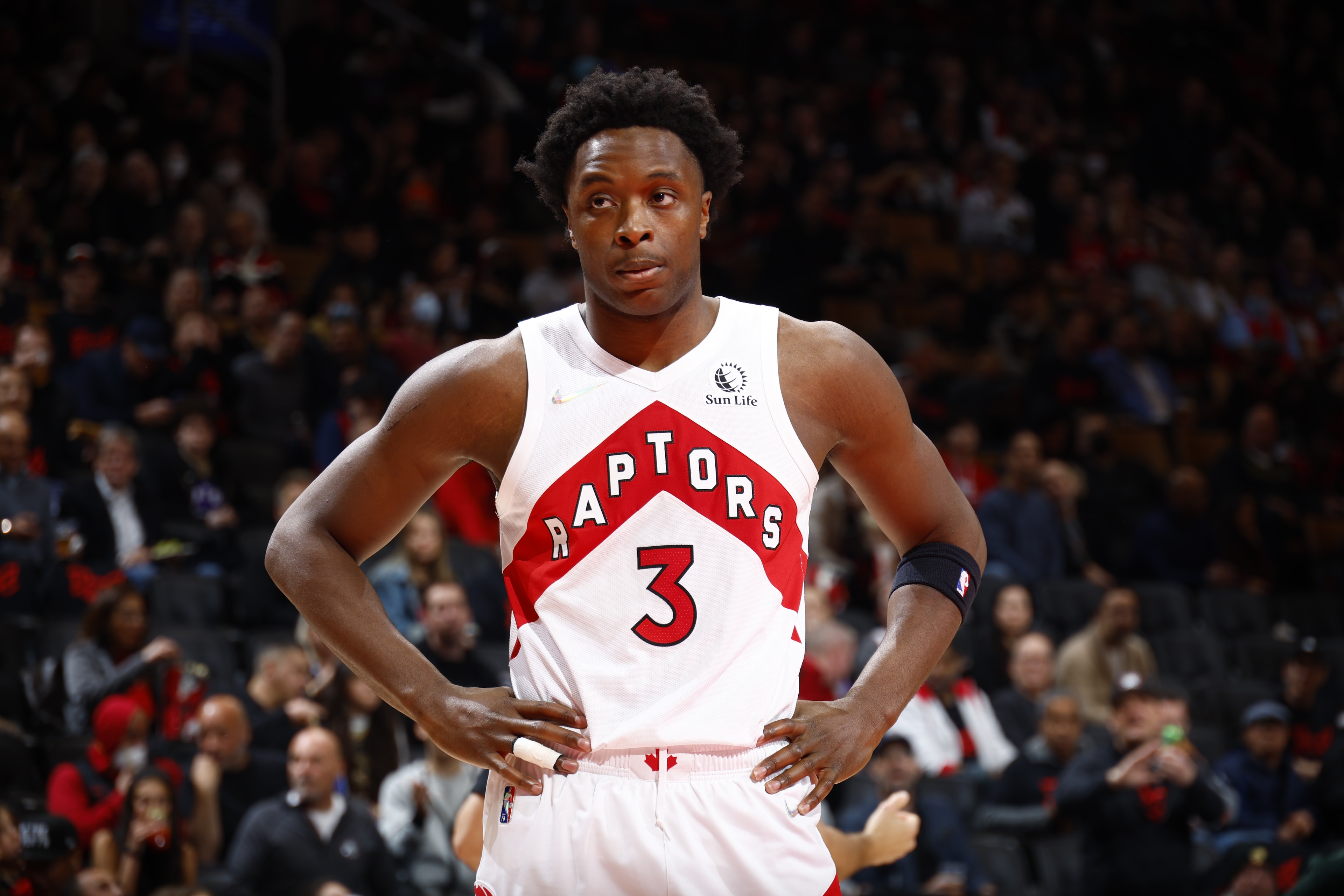 TORONTO, CANADA - APRIL 28: OG Anunoby #3 of the Toronto Raptors looks on during the game against the Philadelphia 76ers during Round 1 Game 6 of the 2022 NBA Playoffs on April 28, 2022 at the Scotiabank Arena in Toronto, Ontario, Canada.  NOTE TO USER: User expressly acknowledges and agrees that, by downloading and or using this Photograph, user is consenting to the terms and conditions of the Getty Images License Agreement.  Mandatory Copyright Notice: Copyright 2022 NBAE (Photo by Vaughn Ridley/NBAE via Getty Images)