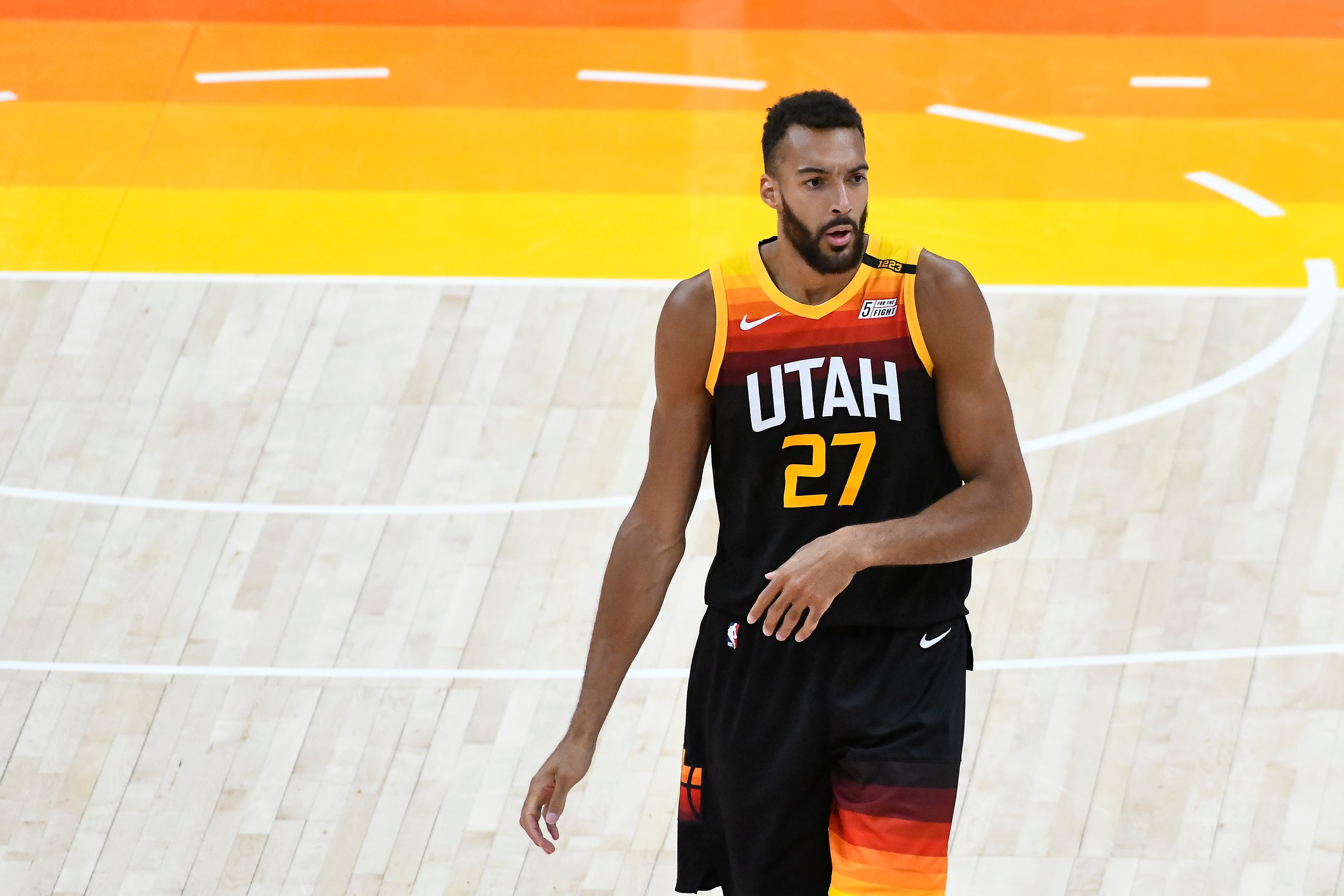 SALT LAKE CITY, UTAH - MAY 01: Rudy Gobert #27 of the Utah Jazz looks on during a game against the Toronto Raptors at Vivint Smart Home Arena on May 1, 2021 in Salt Lake City, Utah. NOTE TO USER: User expressly acknowledges and agrees that, by downloading and/or using this photograph, user is consenting to the terms and conditions of the Getty Images License Agreement.  (Photo by Alex Goodlett/Getty Images)