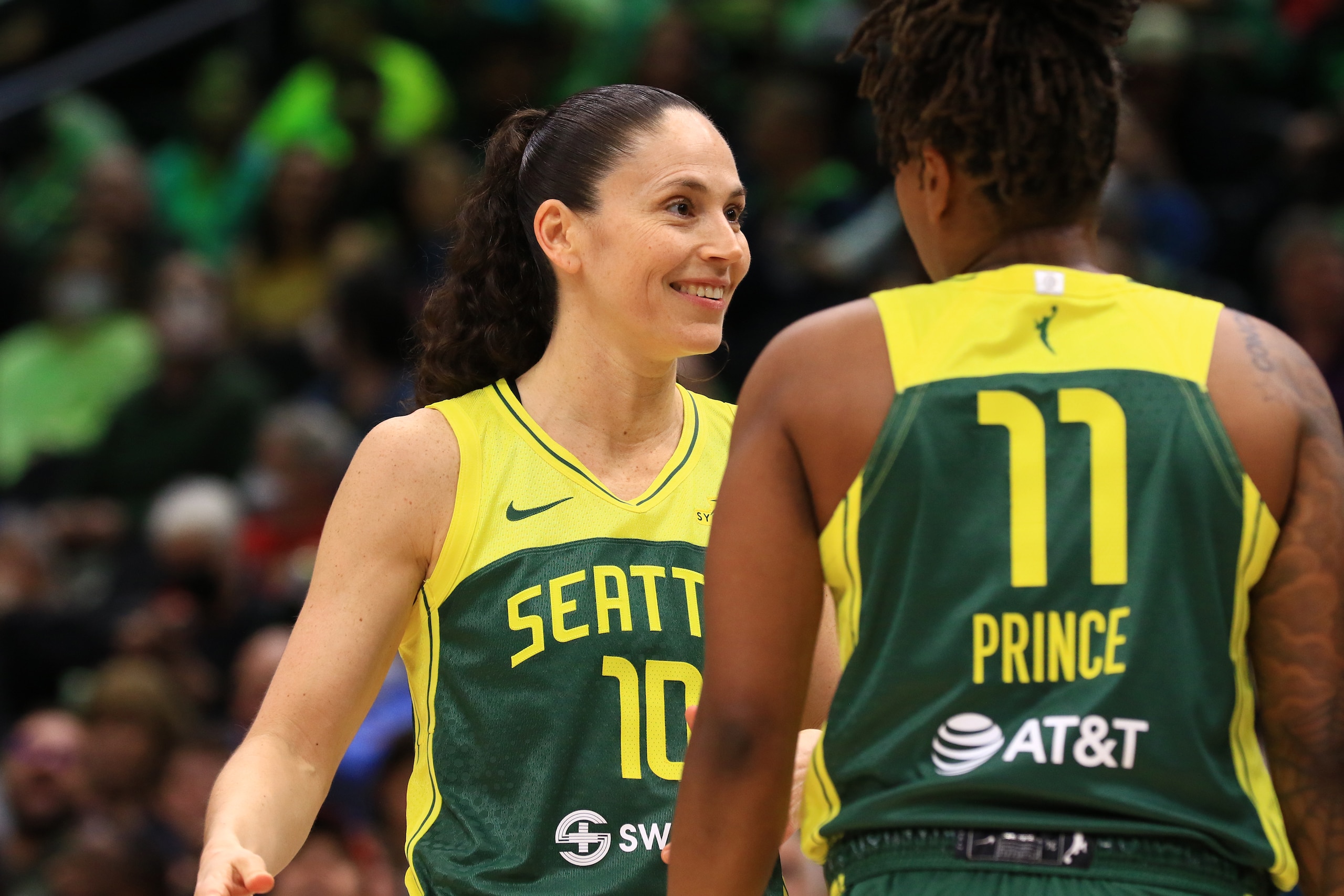 SEATTLE, WA - MAY 20: Sue Bird #10 of the Seattle Storm smiles during the game against the Los Angeles Sparks on May 20, 2022 at Climate Pledge Arena in Seattle, Washington. NOTE TO USER: User expressly acknowledges and agrees that, by downloading and or using this photograph, User is consenting to the terms and conditions of the Getty Images License Agreement. Mandatory Copyright Notice: Copyright 2022 NBAE (Photo by Joshua Huston/NBAE via Getty Images)