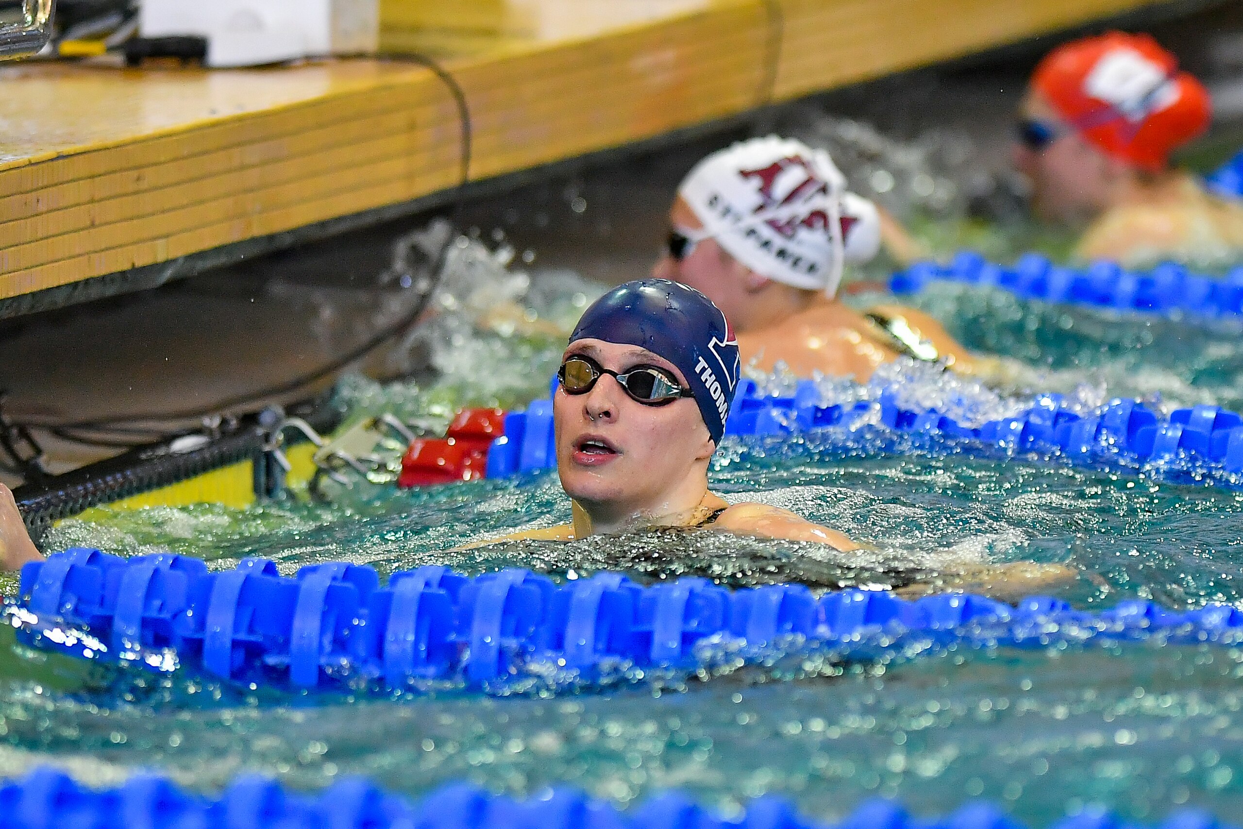 ATLANTA, GA - MARCH 19:  University of Pennsylvania swimmer Lia Thomas reacts after swimming the 100 Freestyle prelims at the NCAA Swimming and Diving Championships on March 19th, 2022 at the McAuley Aquatic Center in Atlanta, Georgia.  (Photo by Rich von Biberstein/Icon Sportswire via Getty Images)