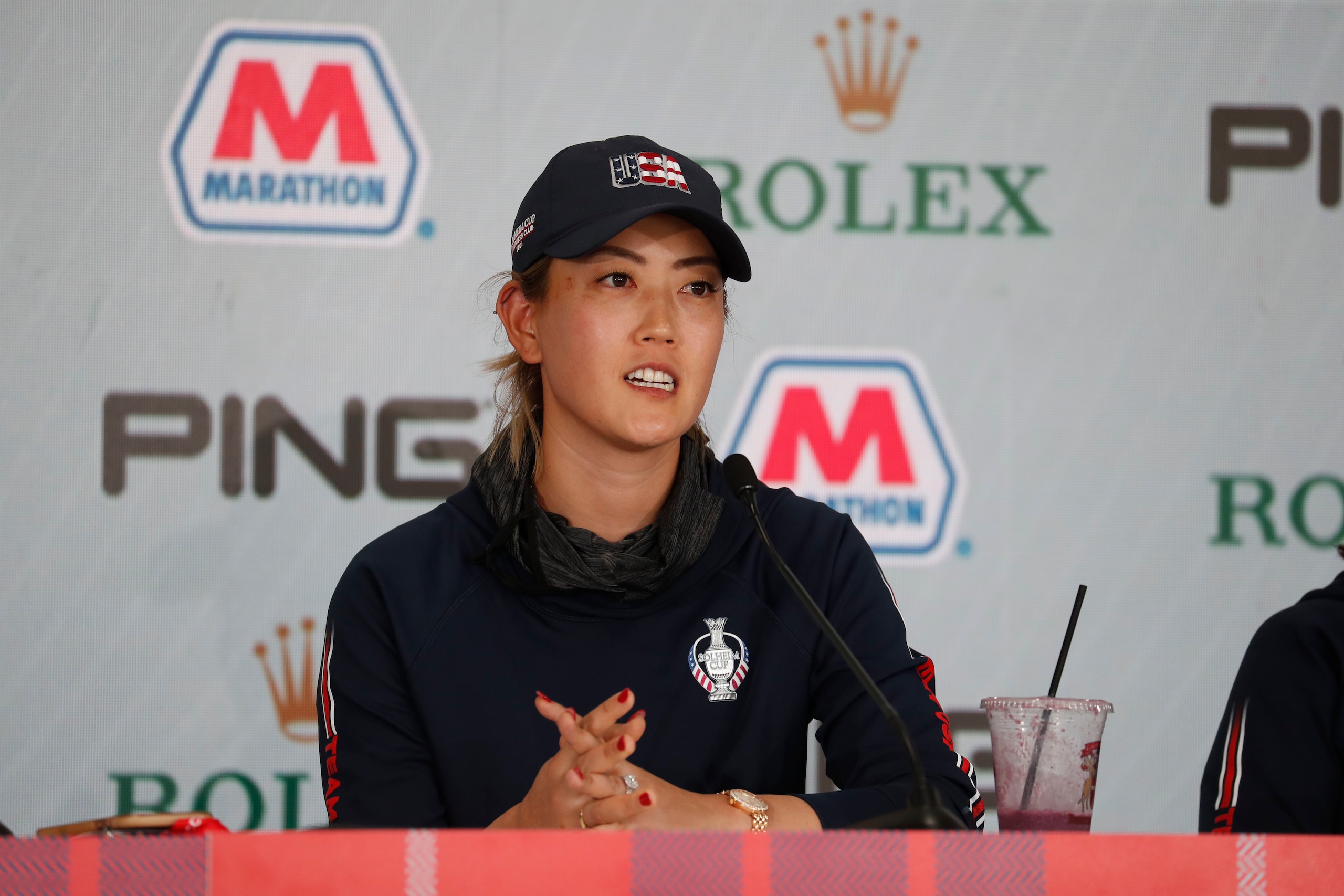 TOLEDO, OH - SEPTEMBER 01: USA team vice captain Michelle Wie West speaks to the media at a press conference during a practice round before the 2021 Solheim Cup on September 1, 2021 at Inverness Club inToledo, Ohio. (Photo by Brian Spurlock/Icon Sportswire via Getty Images)
