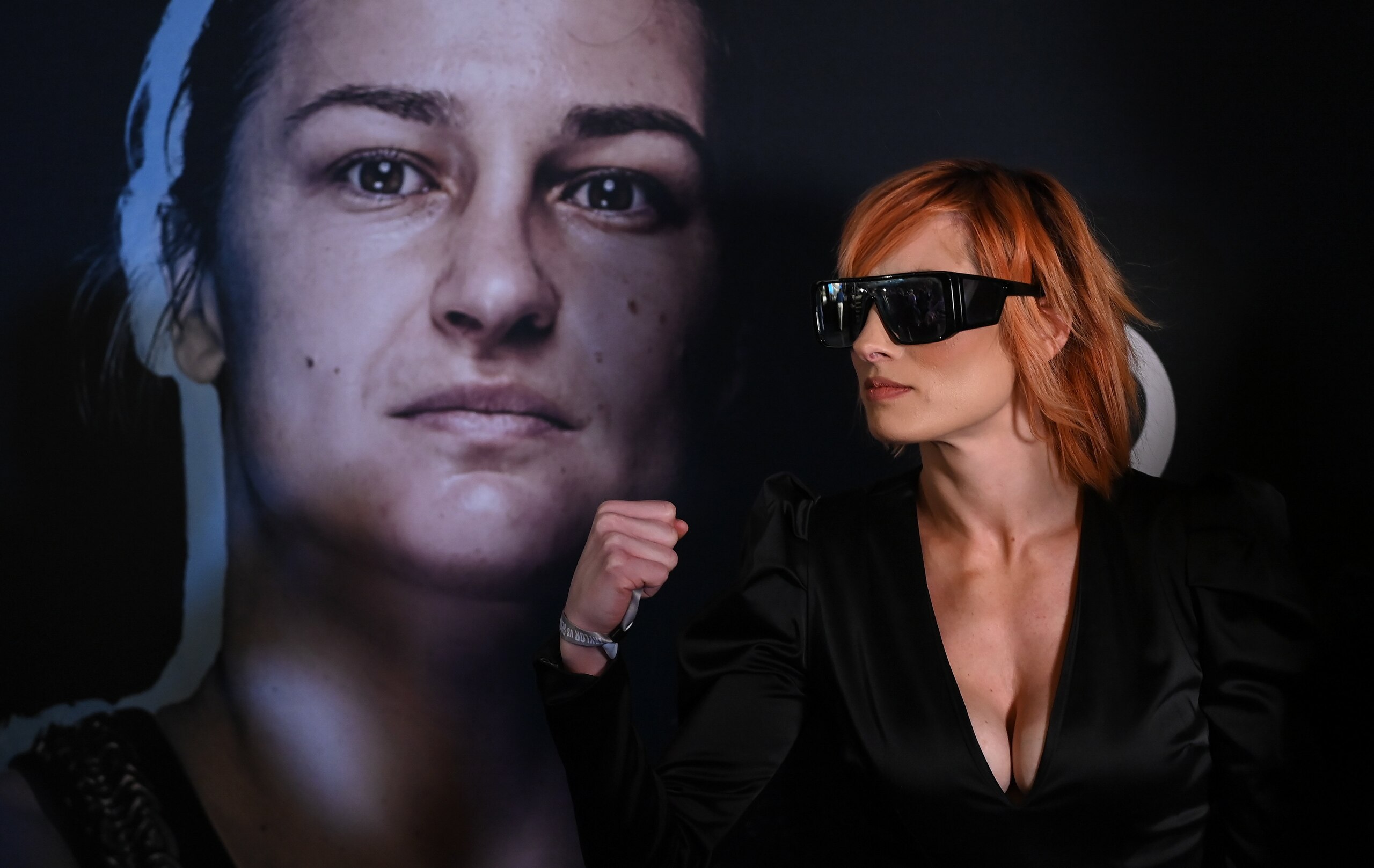 New York , United States - 29 April 2022; WWE wrestler Becky Lynch during the weigh-ins, held at Hulu Theatre at Madison Square Garden, ahead of the undisputed lightweight championship fight between Katie Taylor and Amanda Serrano, on Saturday night at Madison Square Garden in New York, USA. (Photo By Stephen McCarthy/Sportsfile via Getty Images)
