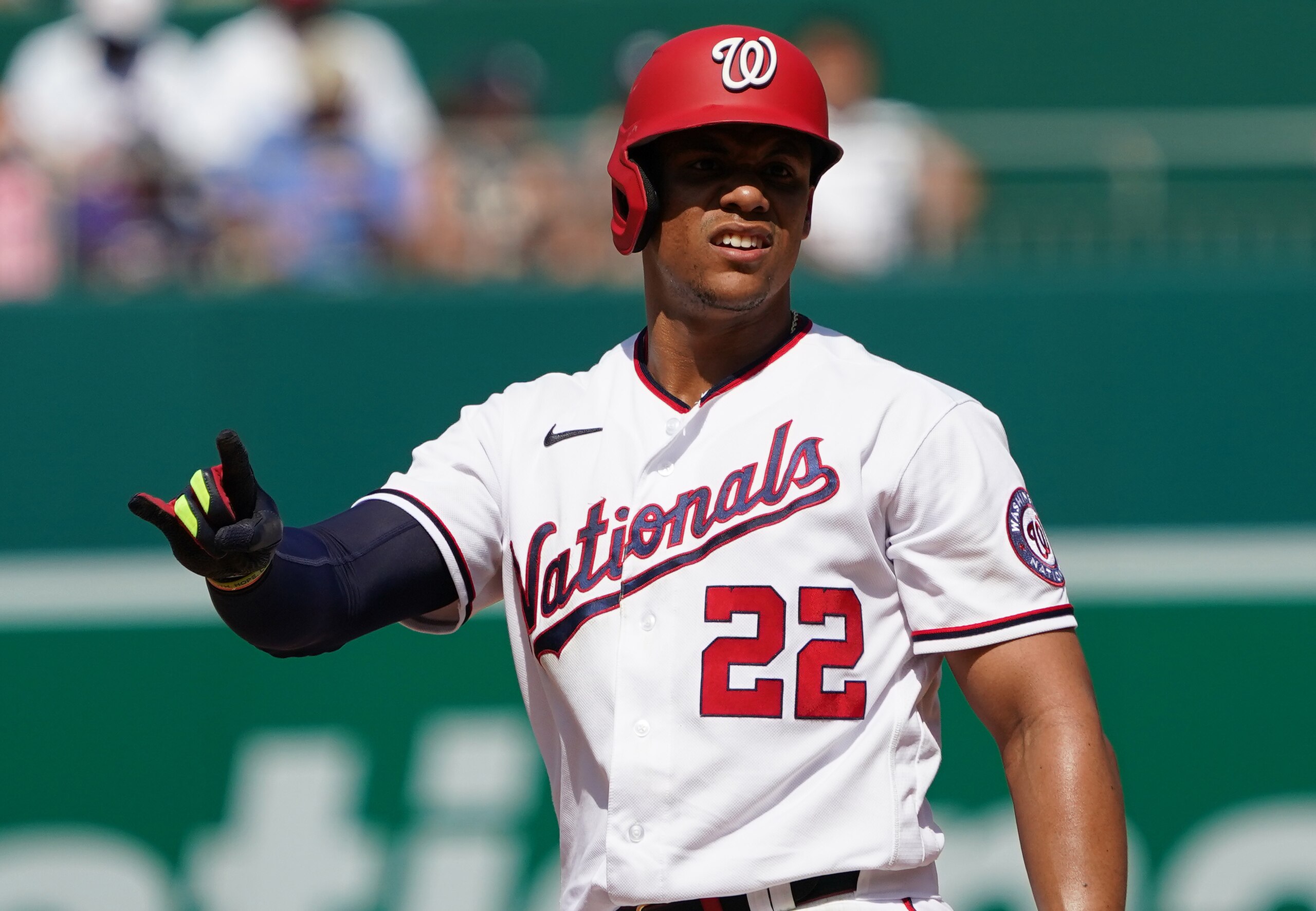 WASHINGTON, DC - MAY 29: Washington Nationals left fielder Juan Soto (22) on second base during a MLB game between the Washington Nationals and the Colorado Rockies on May 29, 2022, at Nationals Park, in Washington, D.C.
(Photo by Tony Quinn/Icon Sportswire via Getty Images)