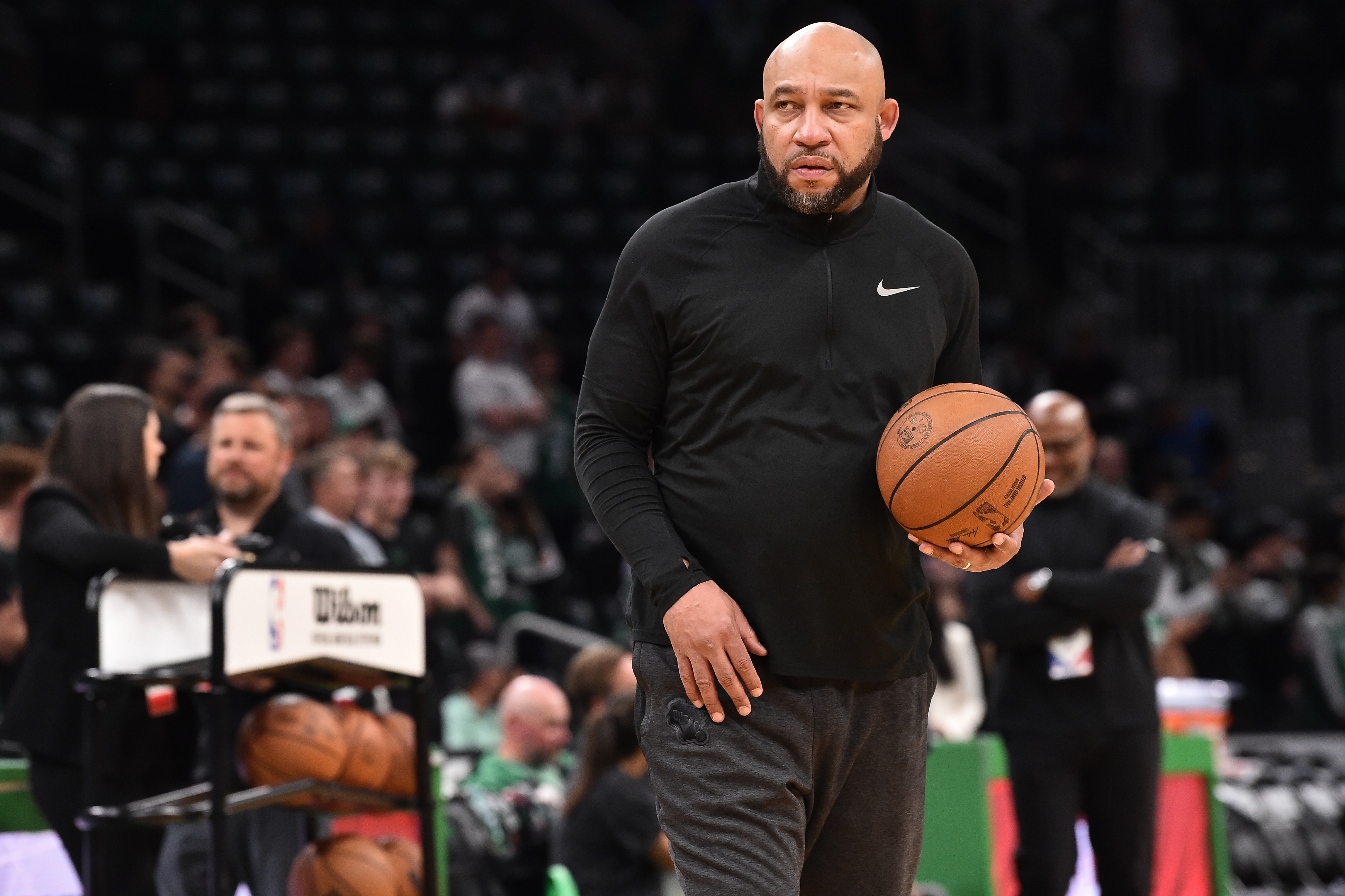 BOSTON, MA - MAY 15: Assistant Coach Darvin Ham of the Milwaukee Bucks looks on before the game against the Boston Celtics during Game 7 of the 2022 NBA Playoffs Eastern Conference Semifinals on May 15, 2022 at the TD Garden in Boston, Massachusetts.  NOTE TO USER: User expressly acknowledges and agrees that, by downloading and or using this photograph, User is consenting to the terms and conditions of the Getty Images License Agreement. Mandatory Copyright Notice: Copyright 2022 NBAE  (Photo by David Dow/NBAE via Getty Images)