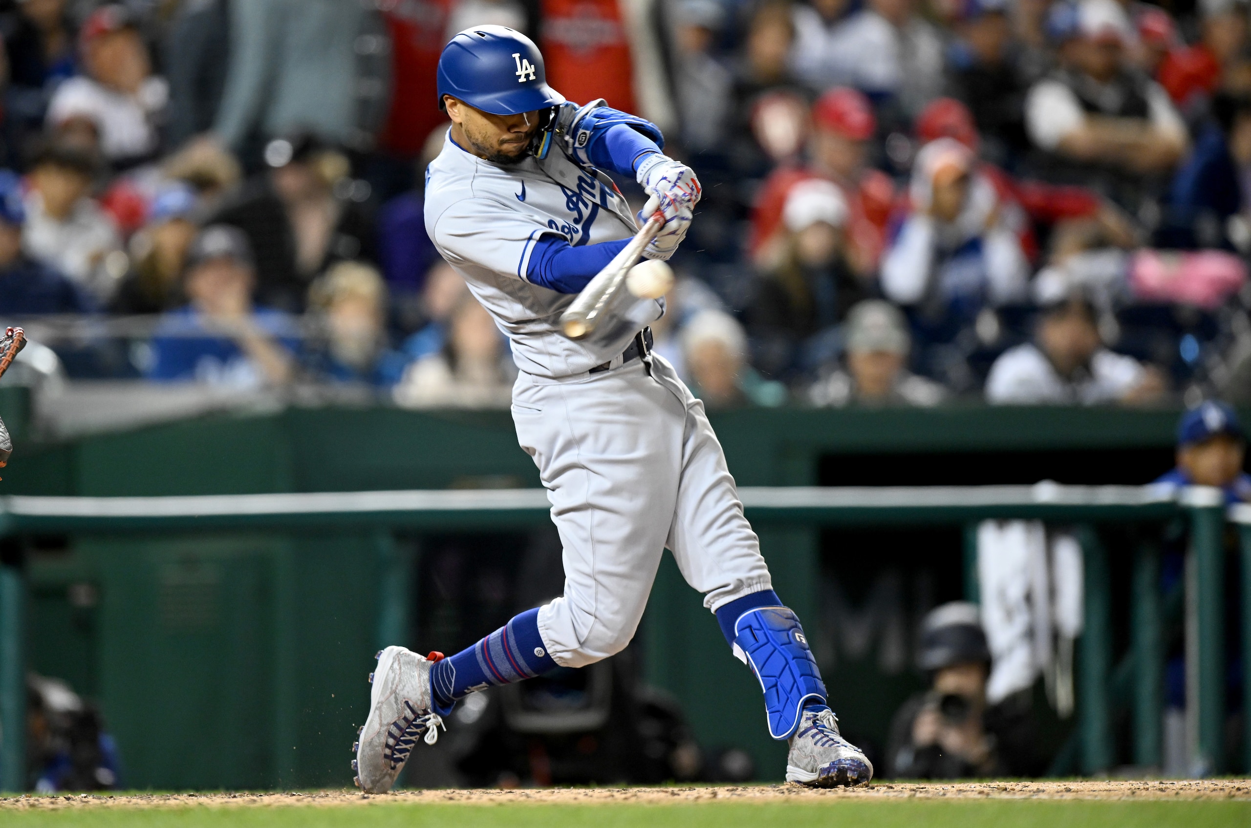 WASHINGTON, DC - MAY 24: Mookie Betts #50 of the Los Angeles Dodgers hits a single in the sixth inning against the Washington Nationals at Nationals Park on May 24, 2022 in Washington, DC. (Photo by Greg Fiume/Getty Images)